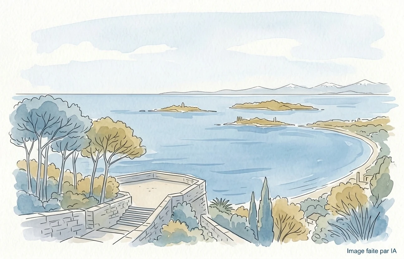 Aquarelle panoramique des hauteurs de Cannes avec vue sur la mer, les îles et les Alpes
