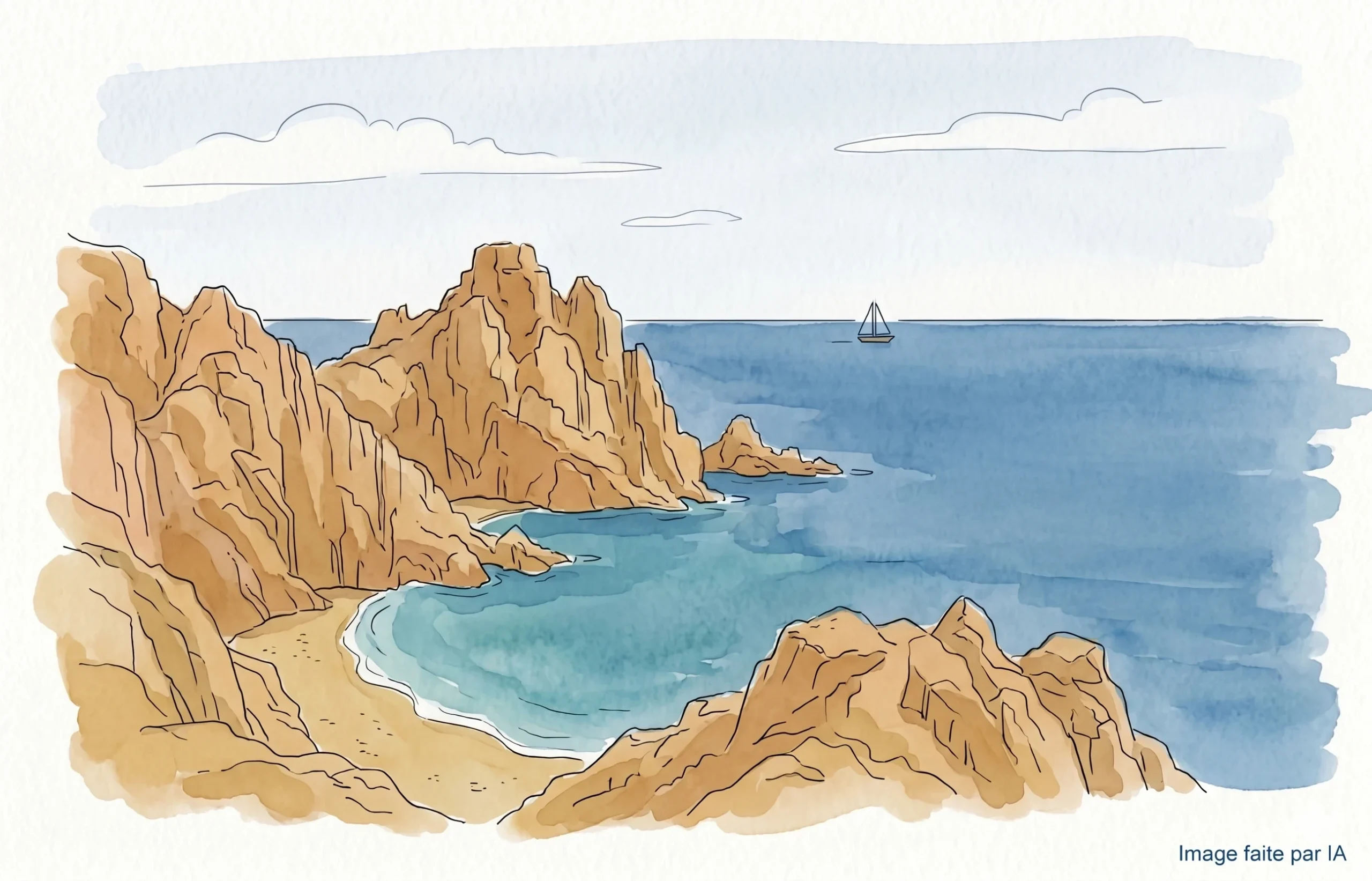 Aquarelle de la côte de Saint-Raphaël, calanques rouges de l'Estérel et voilier solitaire sur la mer.