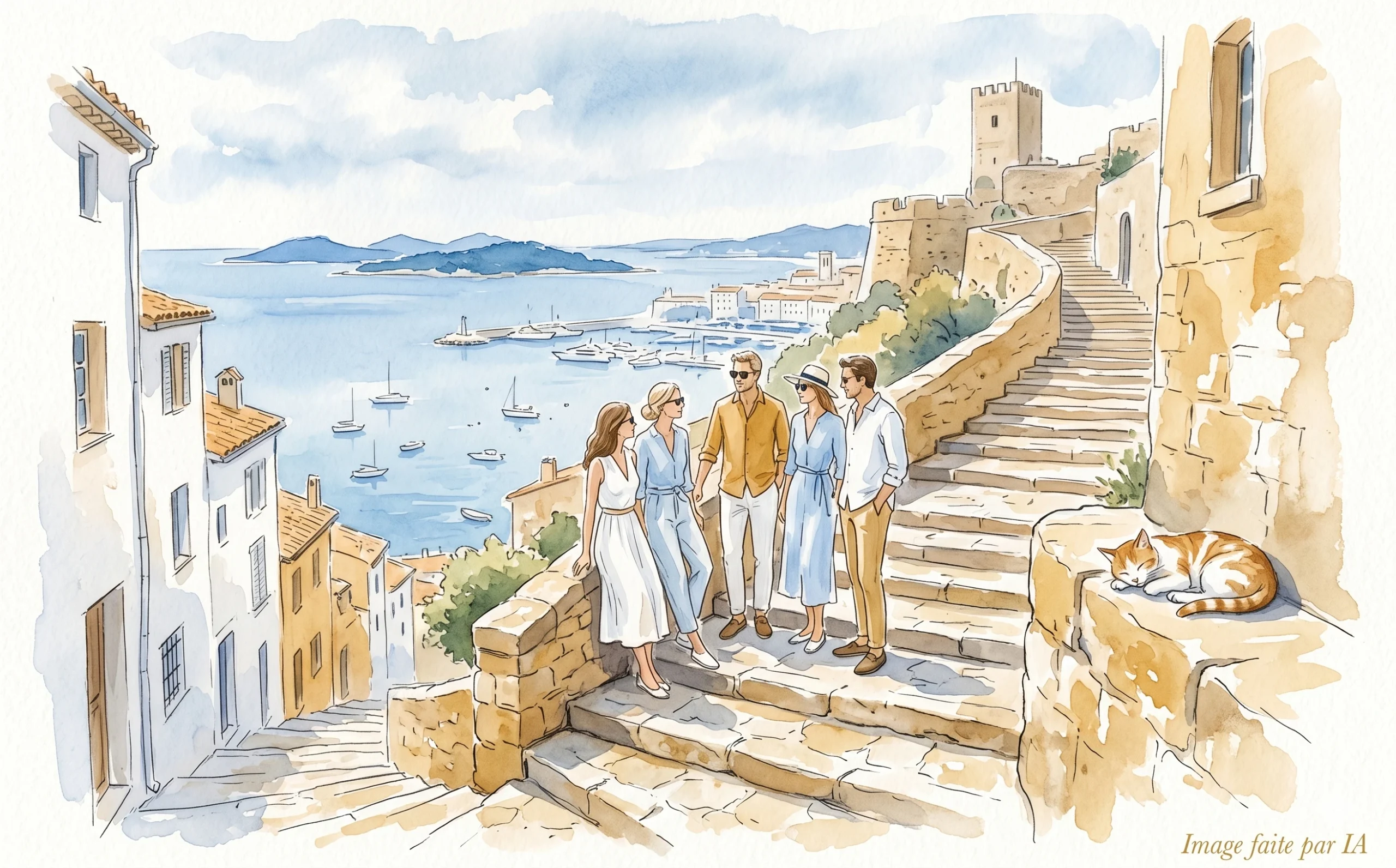 Visiteurs sur les escaliers de la Castre avec panorama sur la baie et les îles, week-end à Cannes