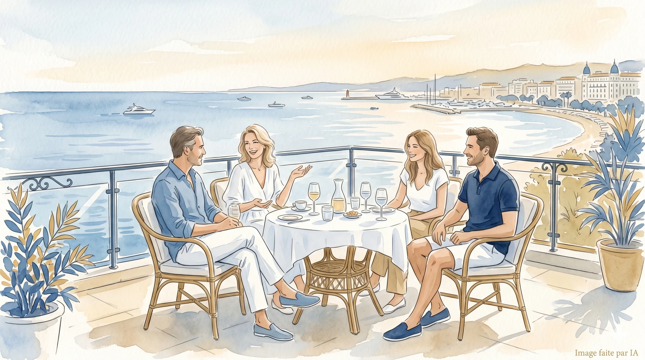 Dîner en terrasse avec vue sur la baie de Cannes, soirée idéale lors d'un séjour à Cannes en 3 jours