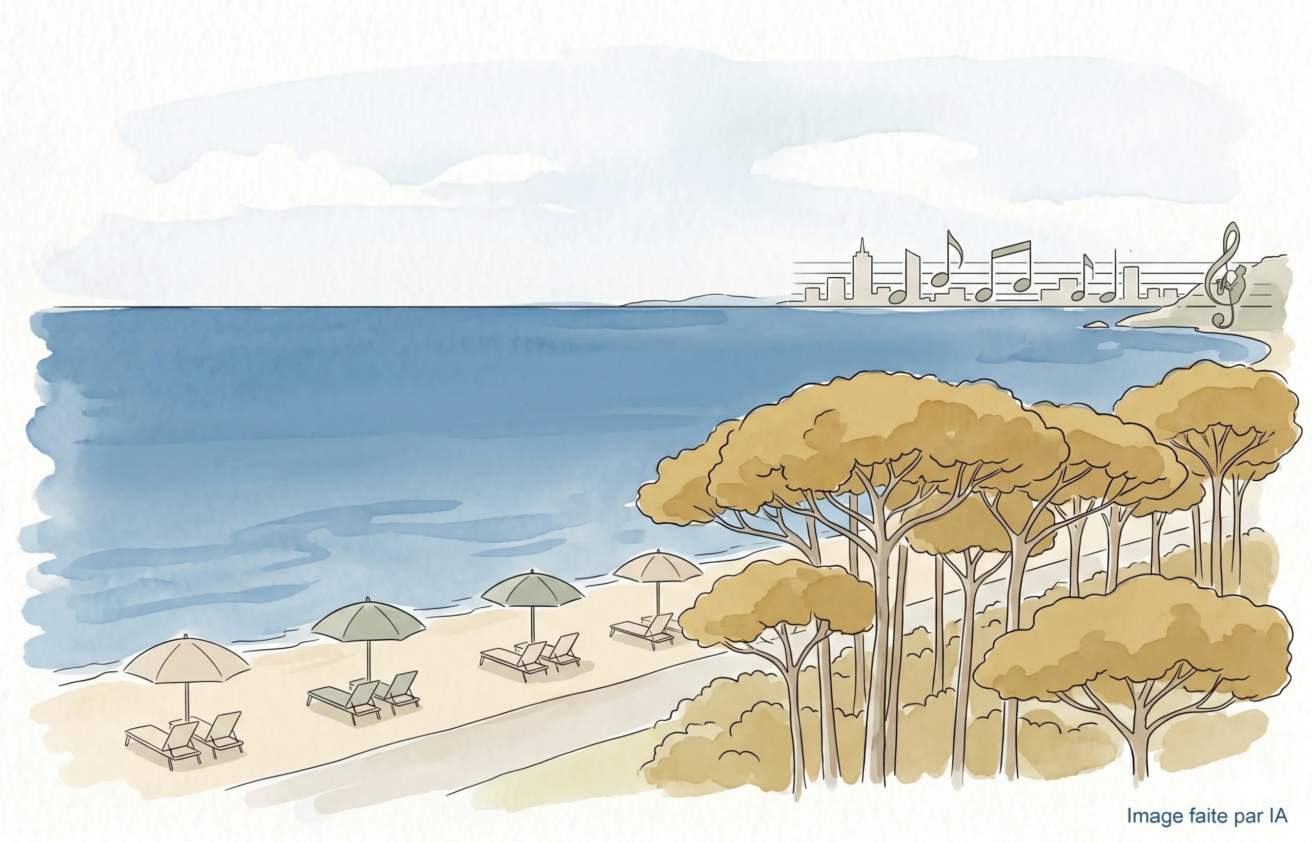 Aquarelle d'une plage de Juan-les-Pins avec pins, parasols et skyline musical en arrière-plan.