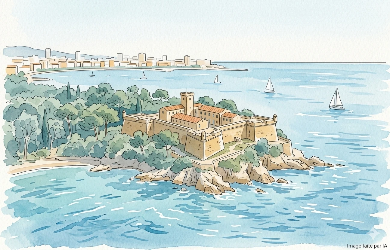 Fort Royal de l'île Sainte-Marguerite entouré de pins, avec la ville de Cannes à l'horizon.