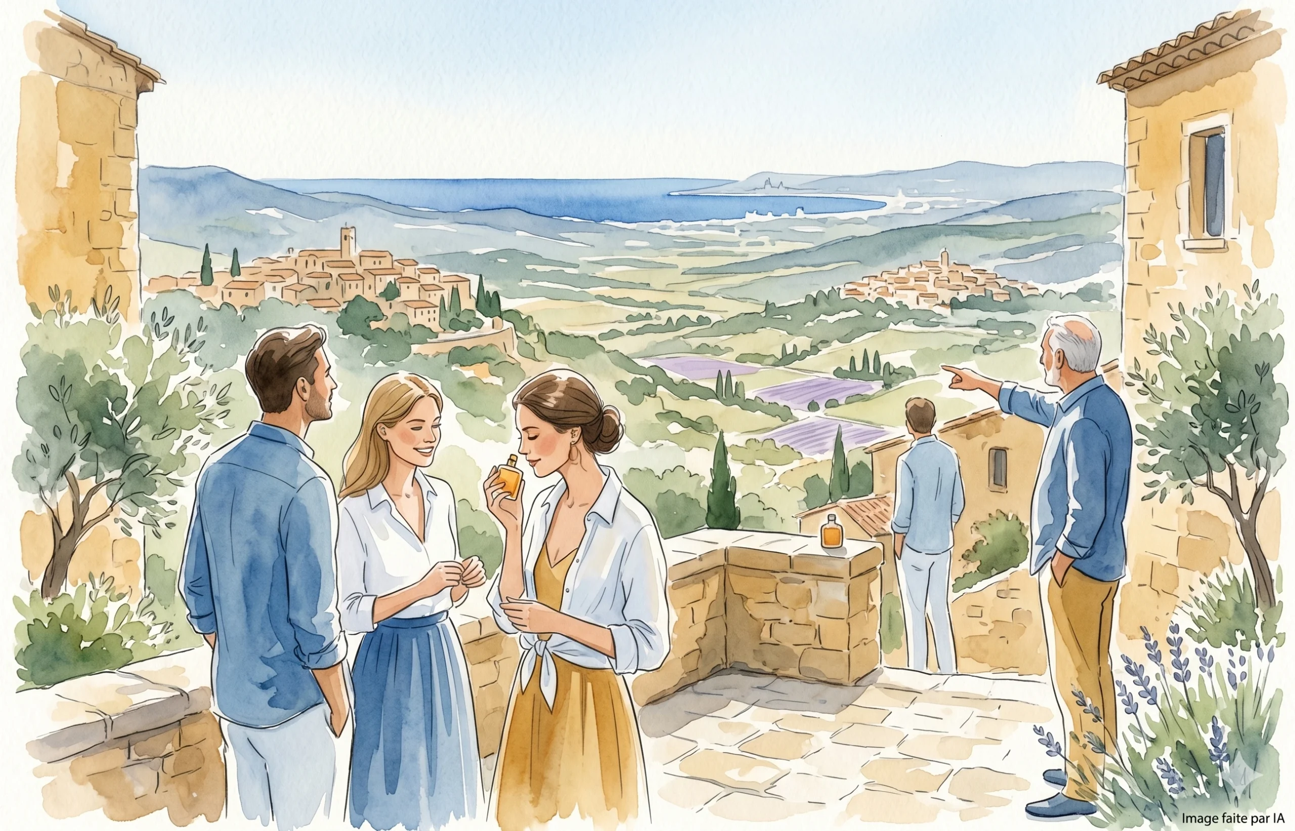 Visiteurs découvrant un parfum à Grasse avec vue sur la Provence