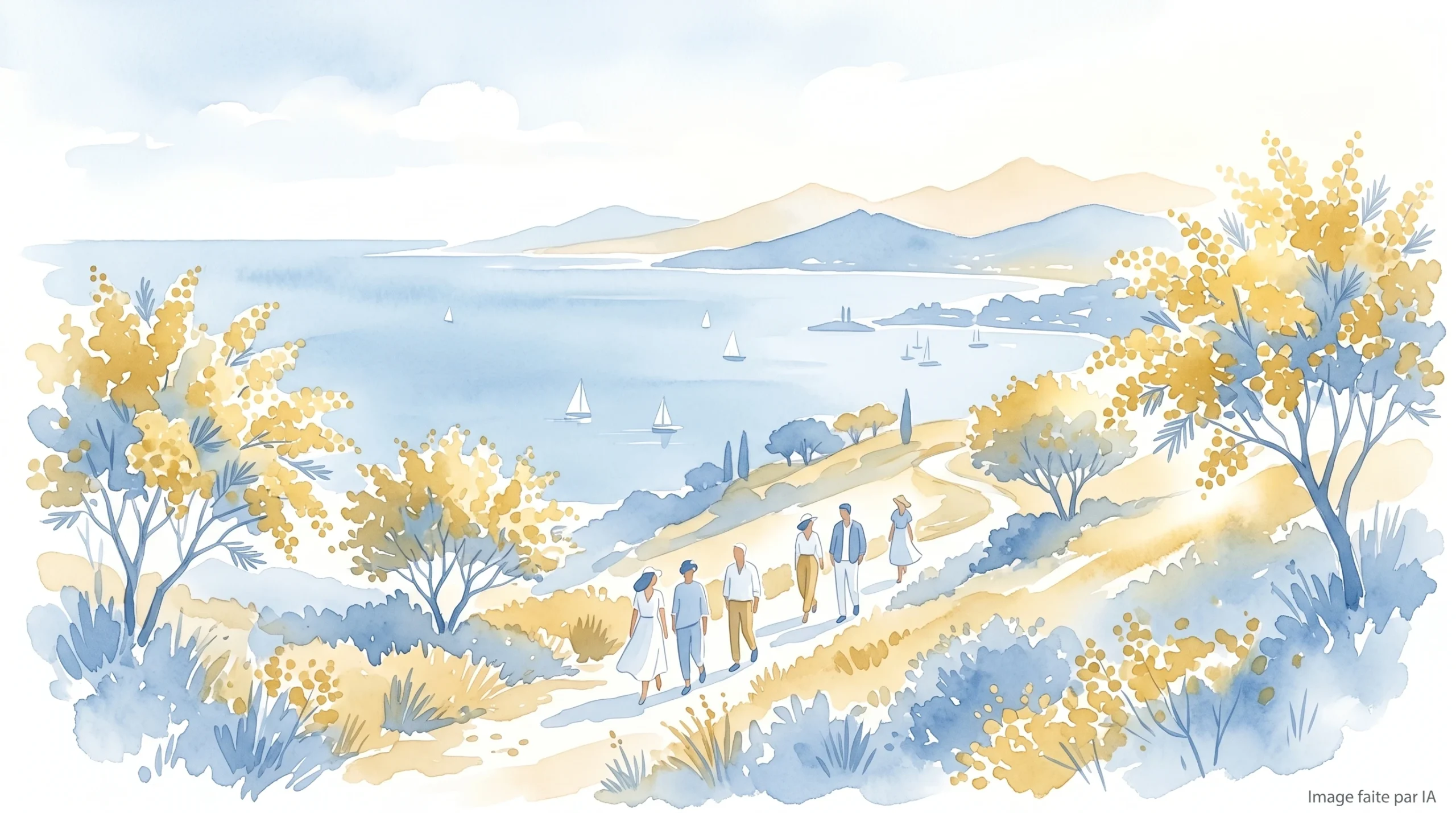 Randonneurs parmi les mimosas sur la Croix des Gardes avec vue sur l'Estérel