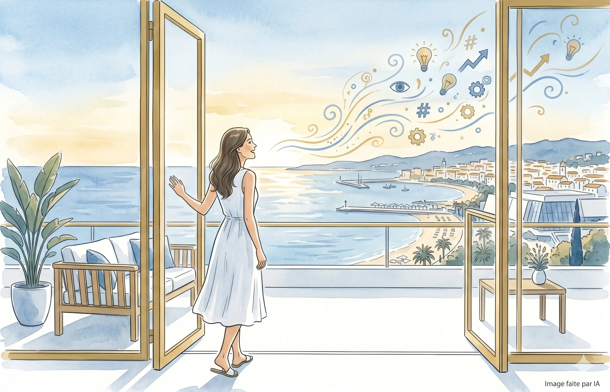 Femme ouvrant sur la baie de Cannes avec vue sur la Croisette