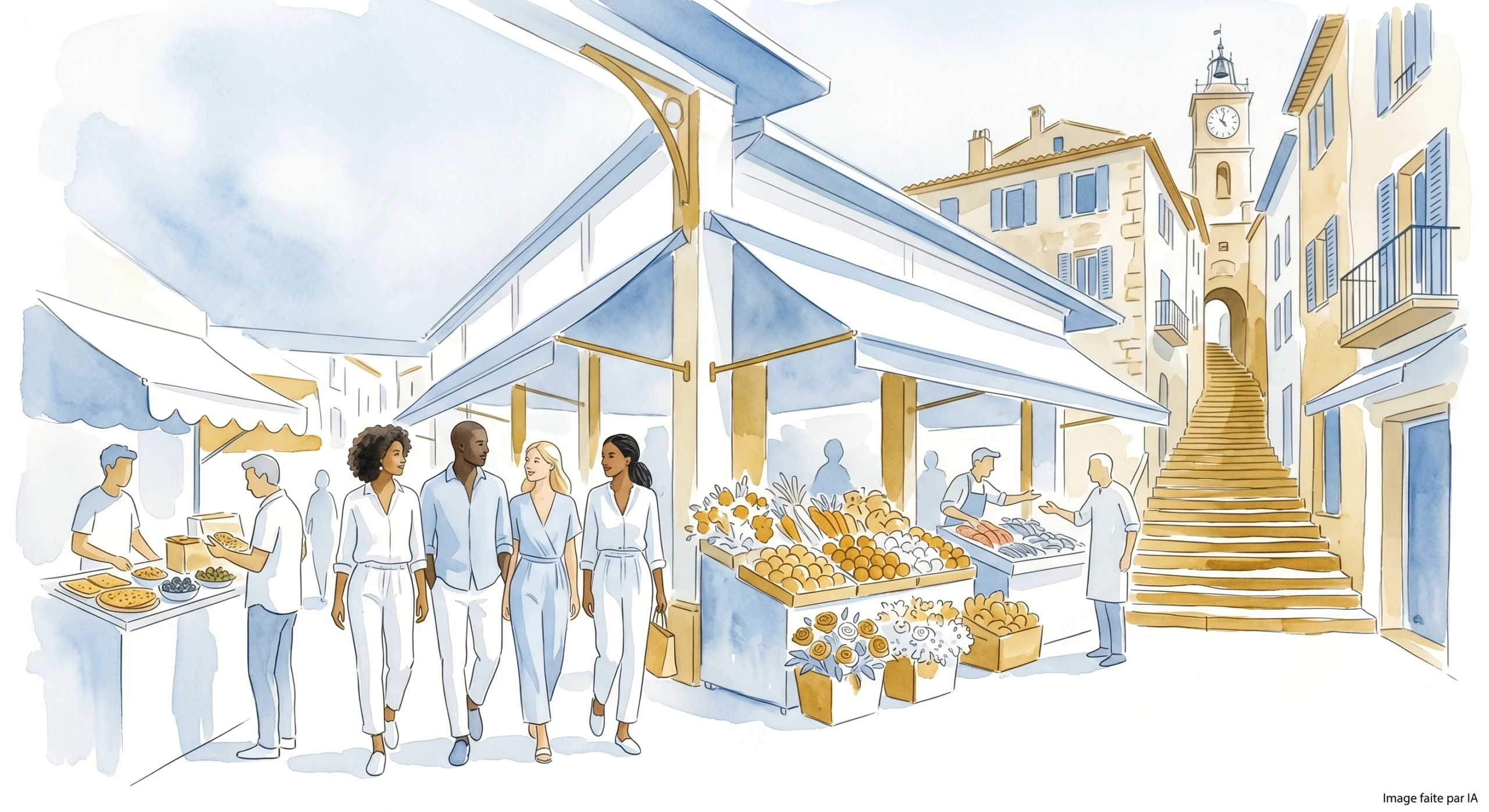 Visiteurs flânant entre les étals colorés du marché Forville