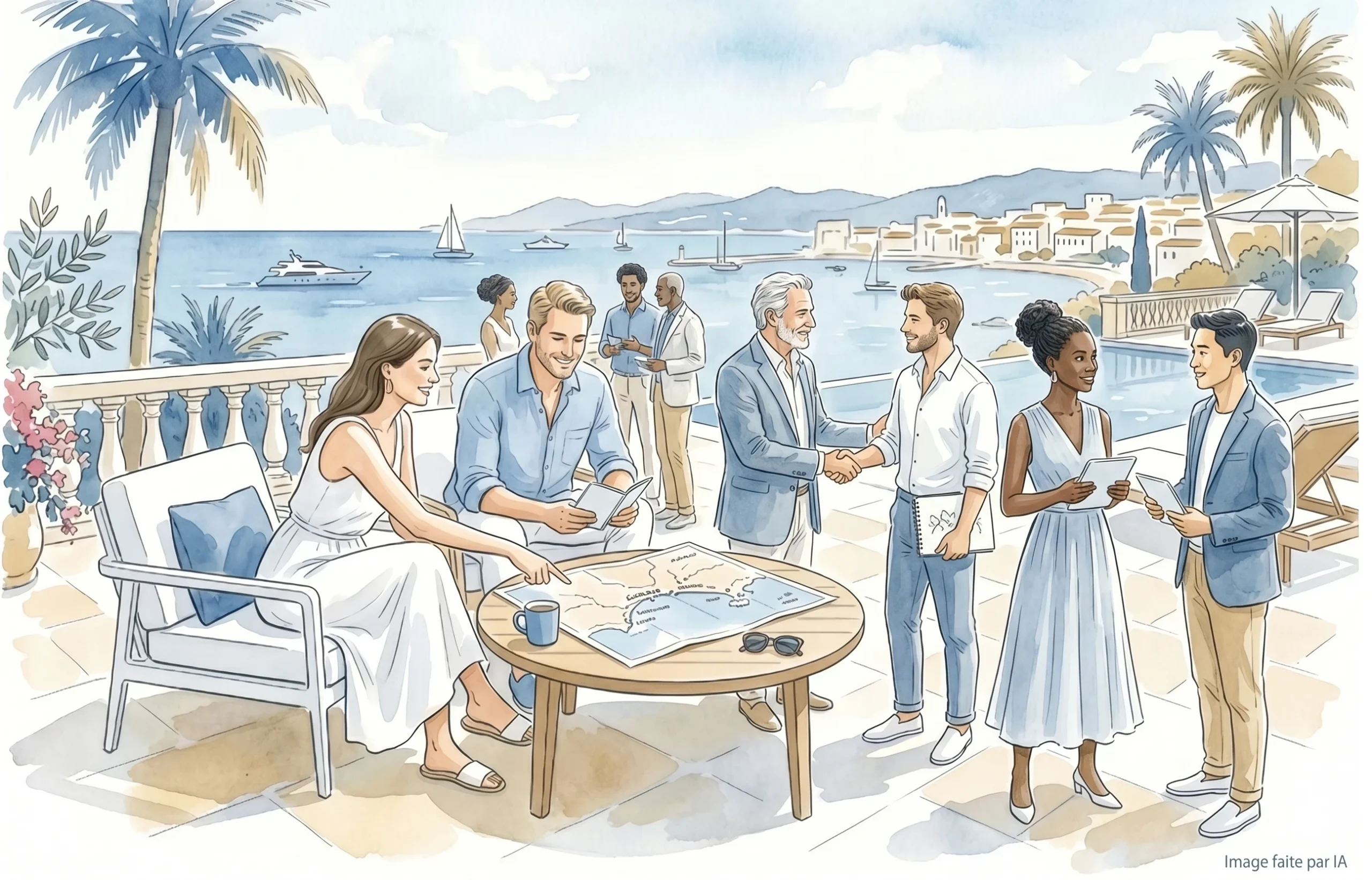 Terrasse avec participants en networking lors du Cannes Lions International Festival face à la baie de Cannes