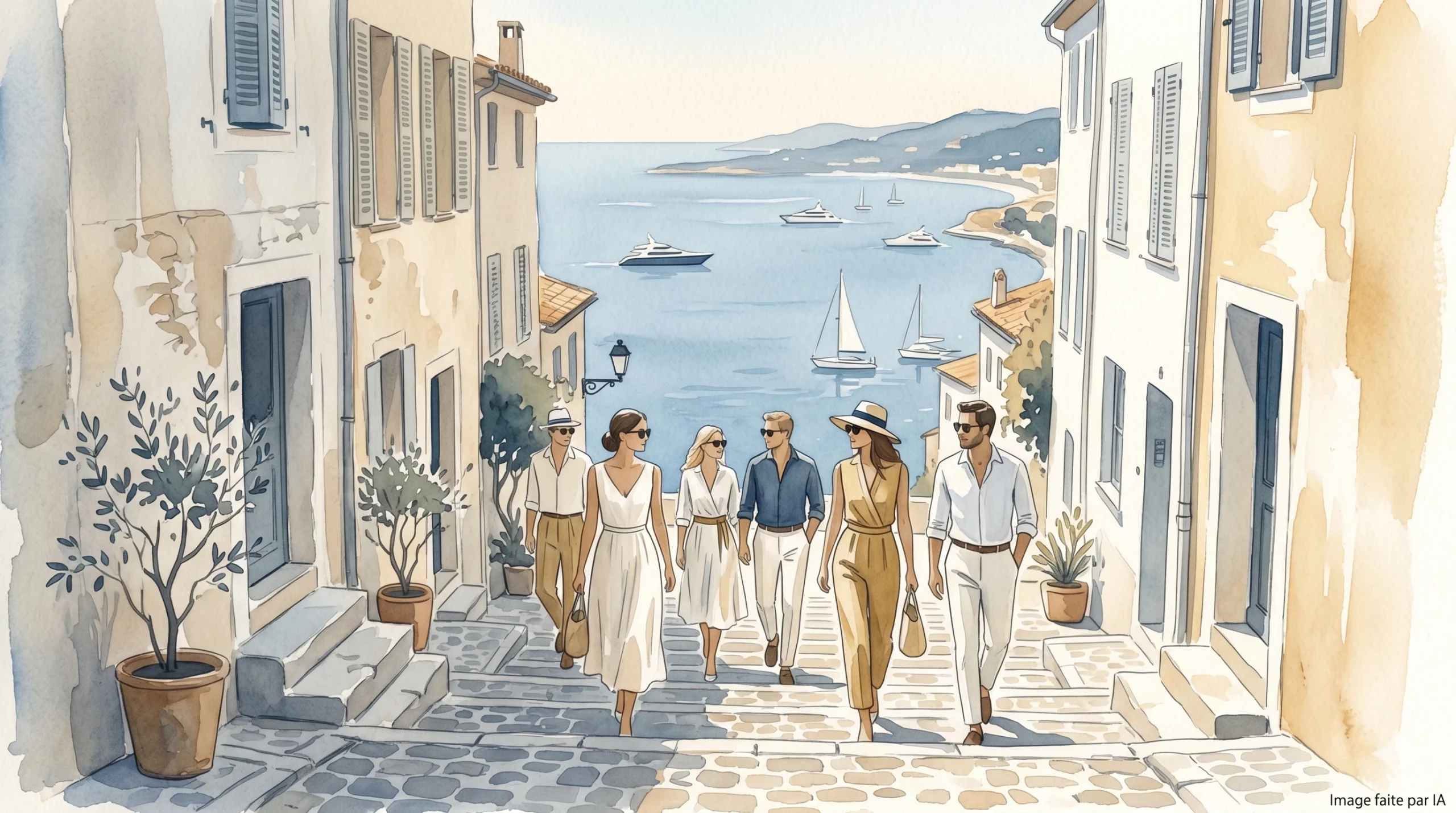 Groupe remontant les ruelles pavées du Suquet avec vue sur la baie