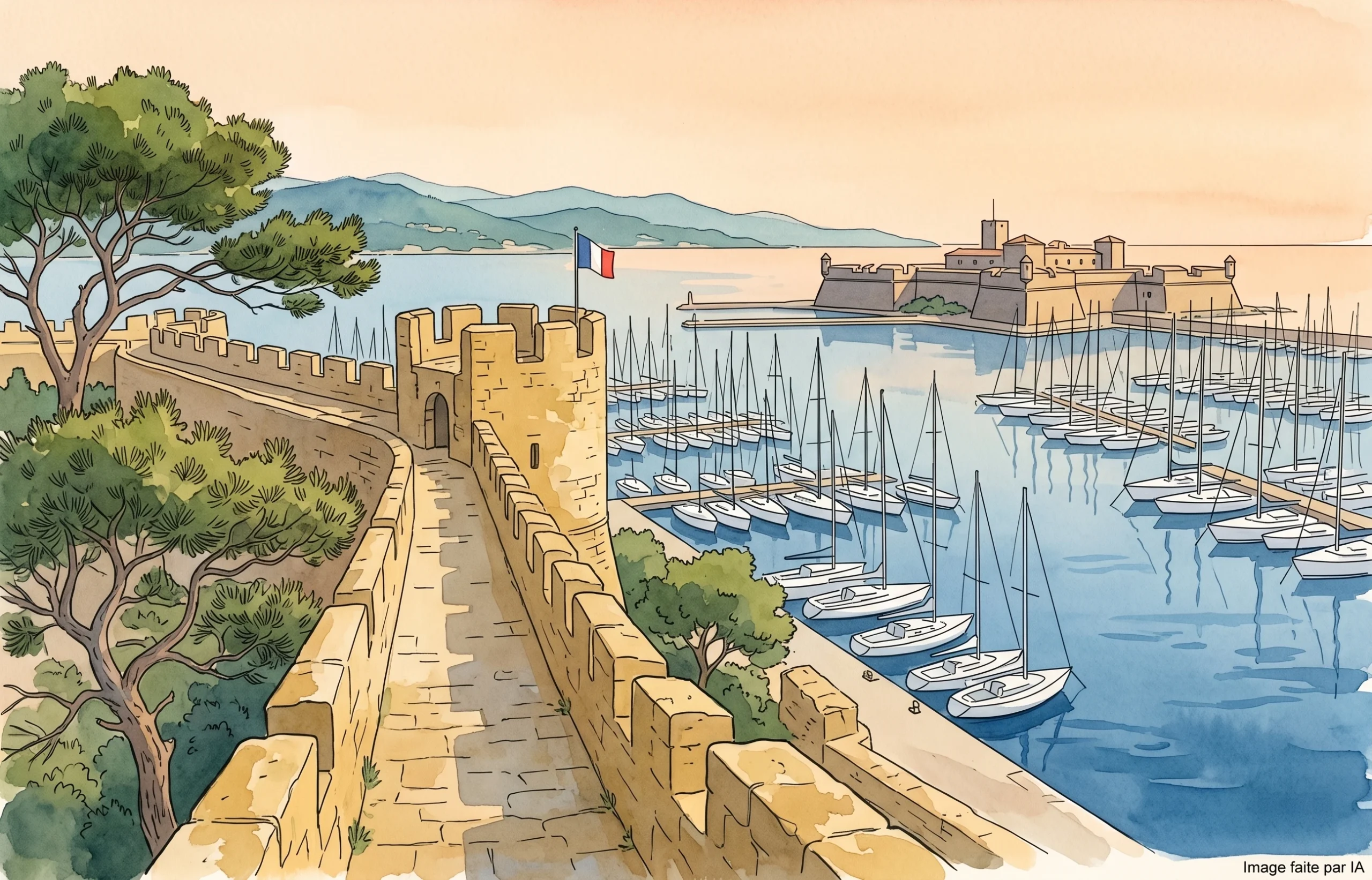Vue des remparts d'Antibes et du port Vauban, une étape incontournable de **que visiter autour de Cannes**.