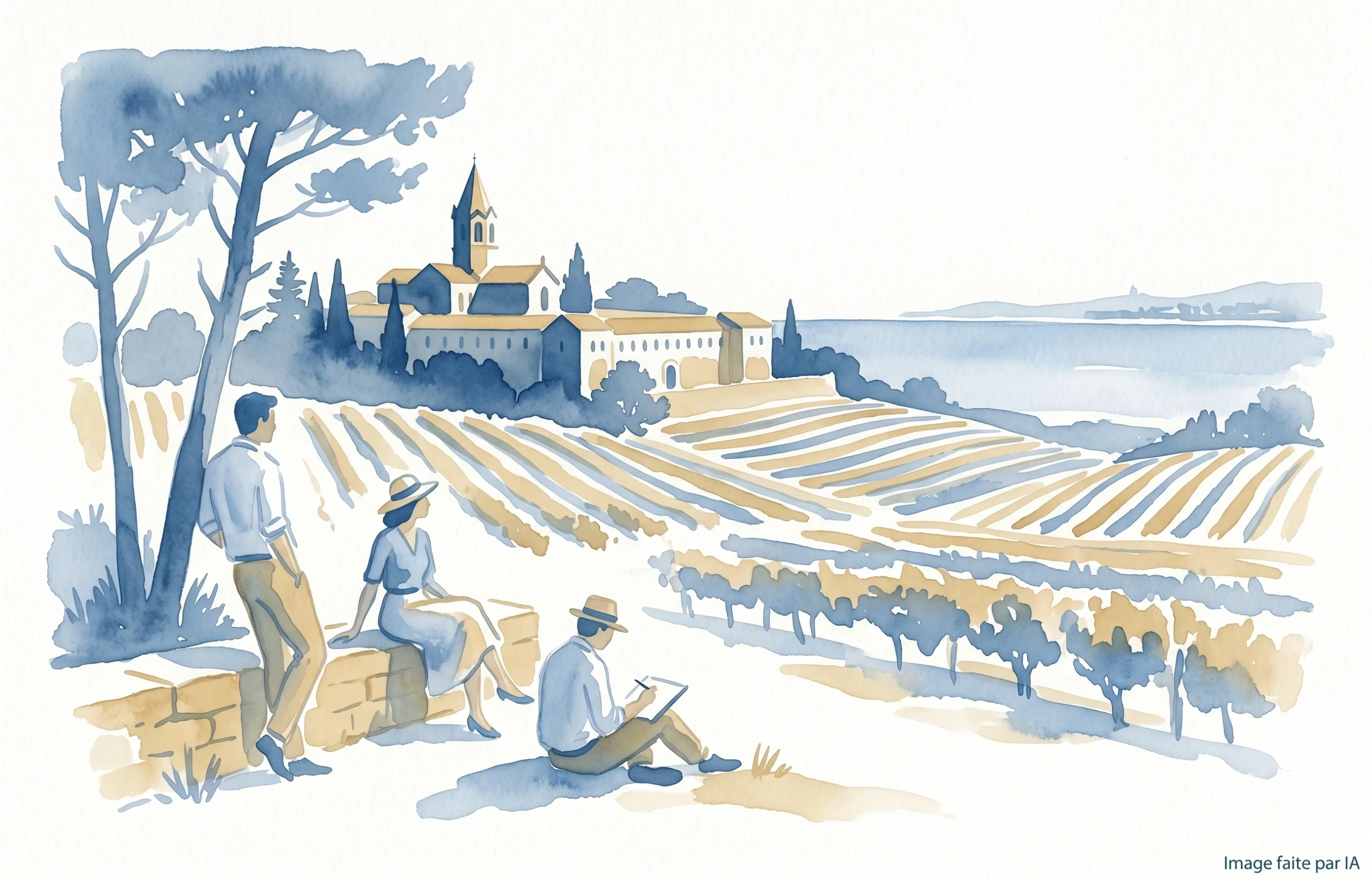 Visiteurs contemplant l'abbaye et les vignes de l'île Saint-Honorat