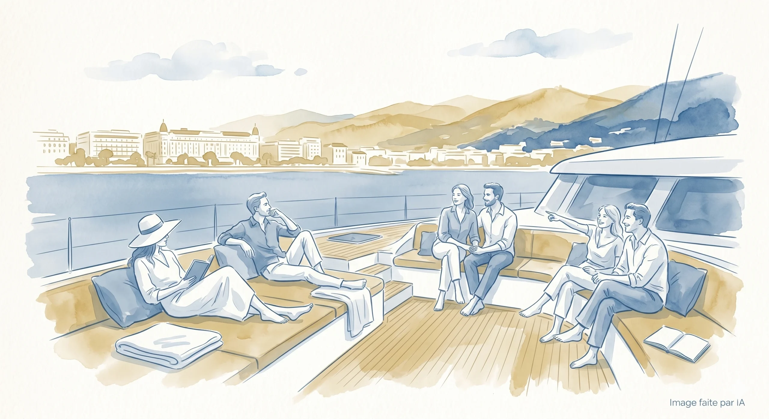 Groupe profitant d'une sortie en catamaran face à la Croisette, activité nautique week-end à Cannes