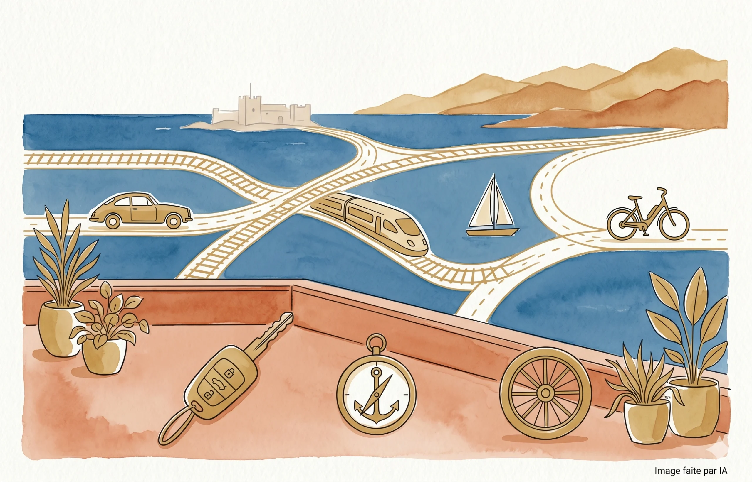 Aquarelle conceptuelle d'un échangeur de transport fluide : icônes de voiture, train, bateau, vélo devant la mer à Cannes.