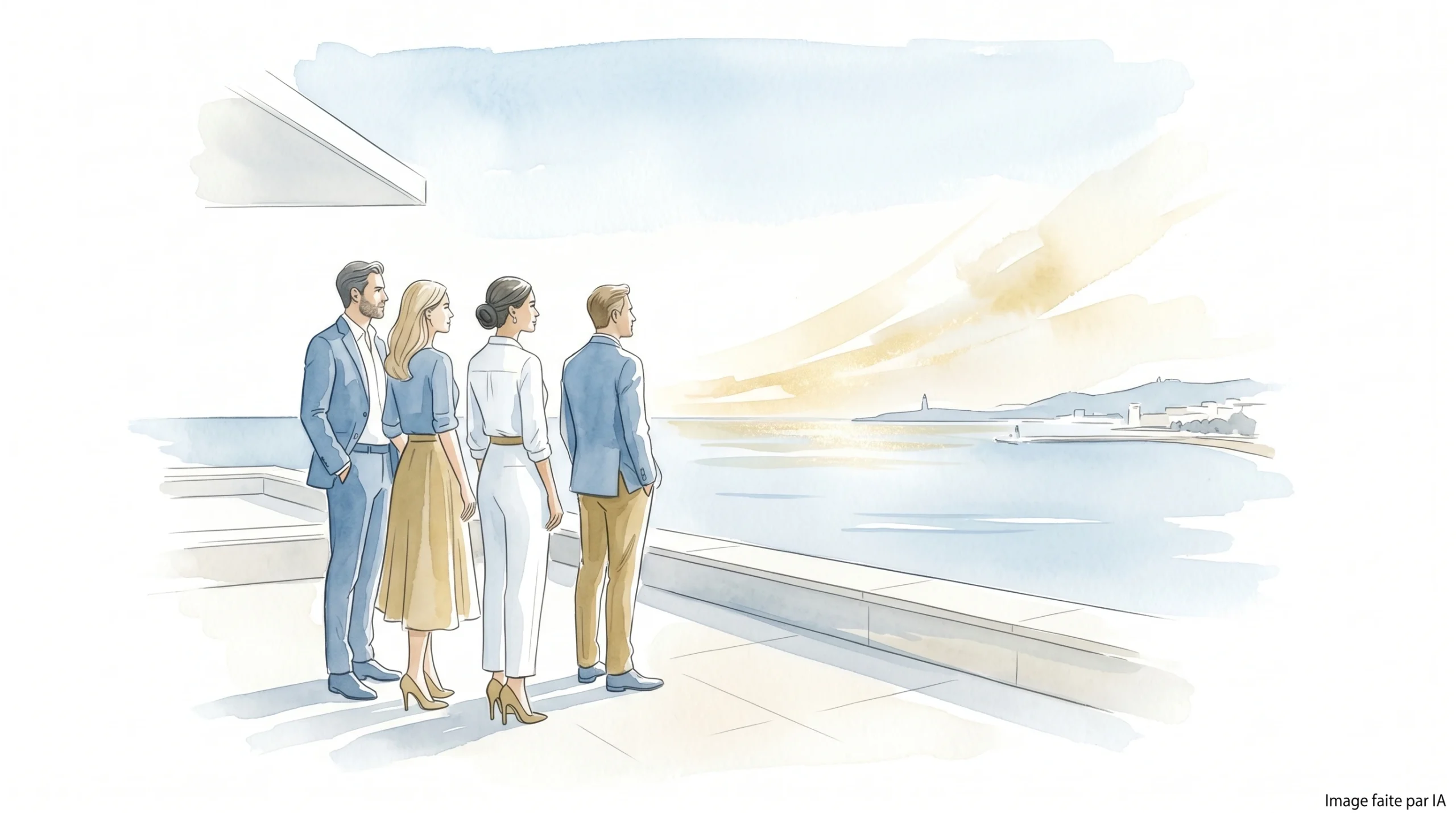 Personnes admirant la baie pendant le Cannes Lions International Festival au coucher du soleil
