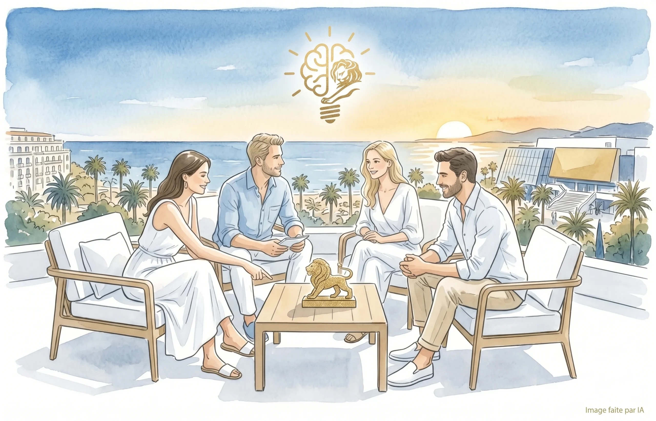 Groupe échangeant sur une terrasse du Cannes Lions International Festival face à la Croisette au coucher du soleil