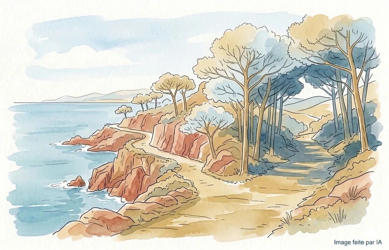 Aquarelle contemplative montrant des sentiers de randonnée entre mer azur et collines dorées près de Cannes.