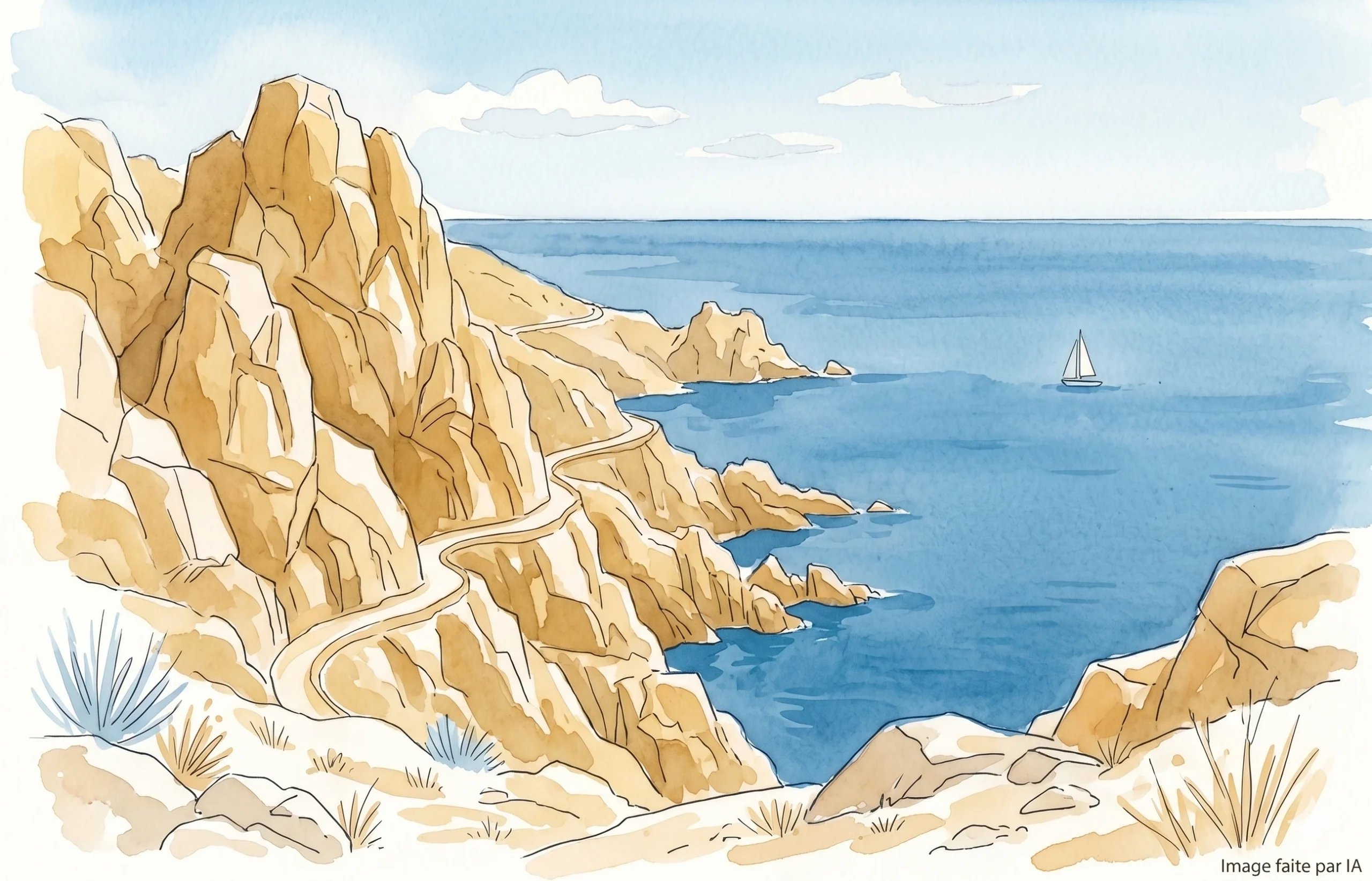 Un chemin côtier sinueux borde des falaises dorées plongeant dans une mer bleue, parfait pour que visiter à Cannes et explorer la côte.