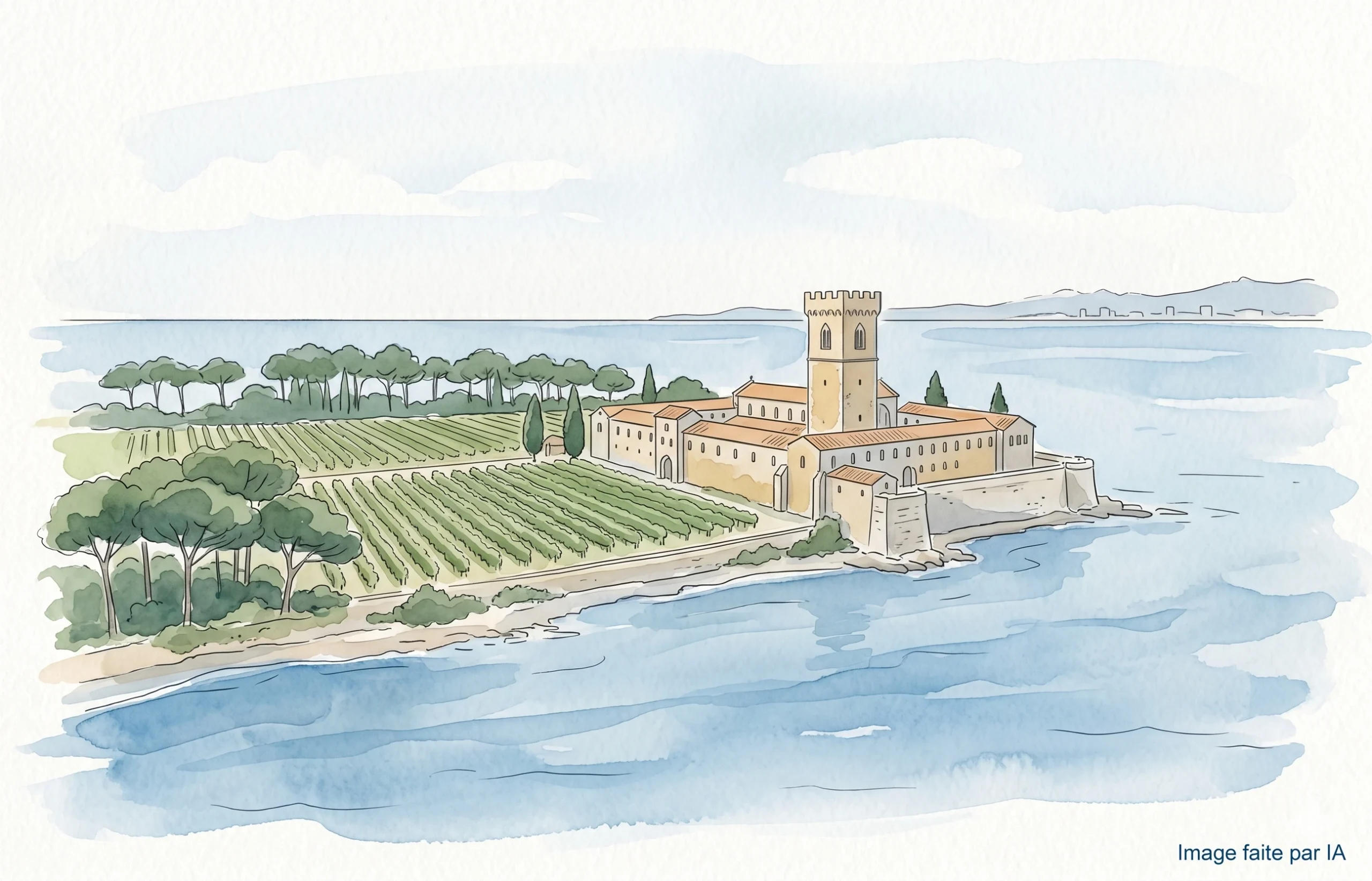 Abbaye de Lérins et vignobles des moines sur l'île Saint-Honorat bordée par les eaux azurées.