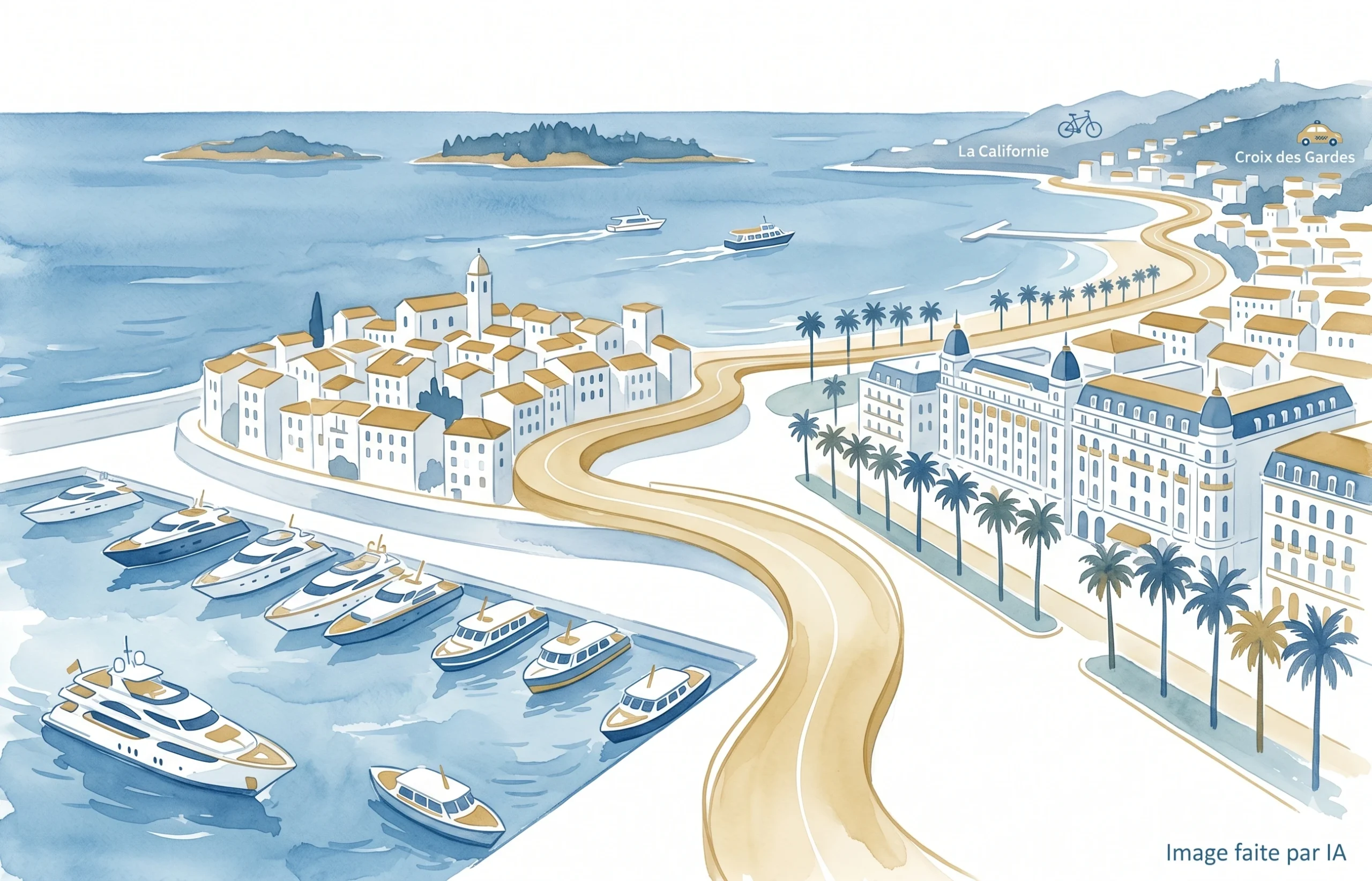 Carte illustrée Cannes en 3 jours : Suquet, Croisette, Vieux-Port, Californie et Croix des Gardes