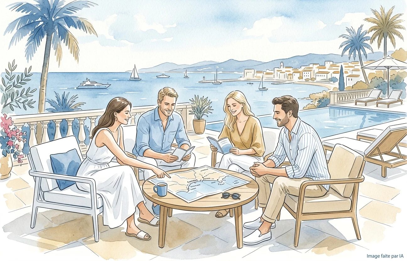 Groupe d'amis planifiant Cannes en 3 jours sur la terrasse d'une villa avec vue sur la mer