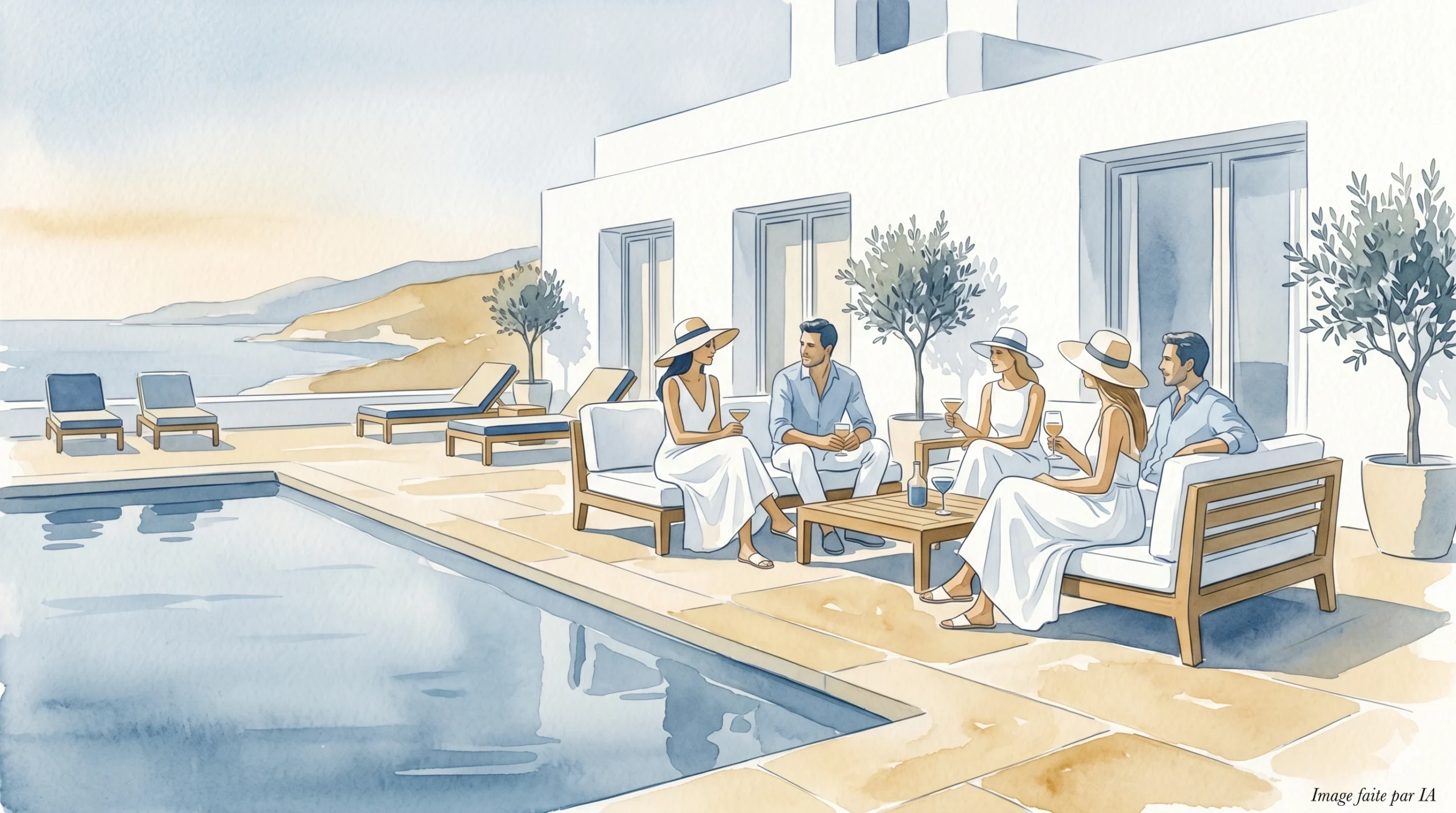 Apéritif au bord de la piscine en villa de luxe, hébergement idéal pour Cannes en 3 jours