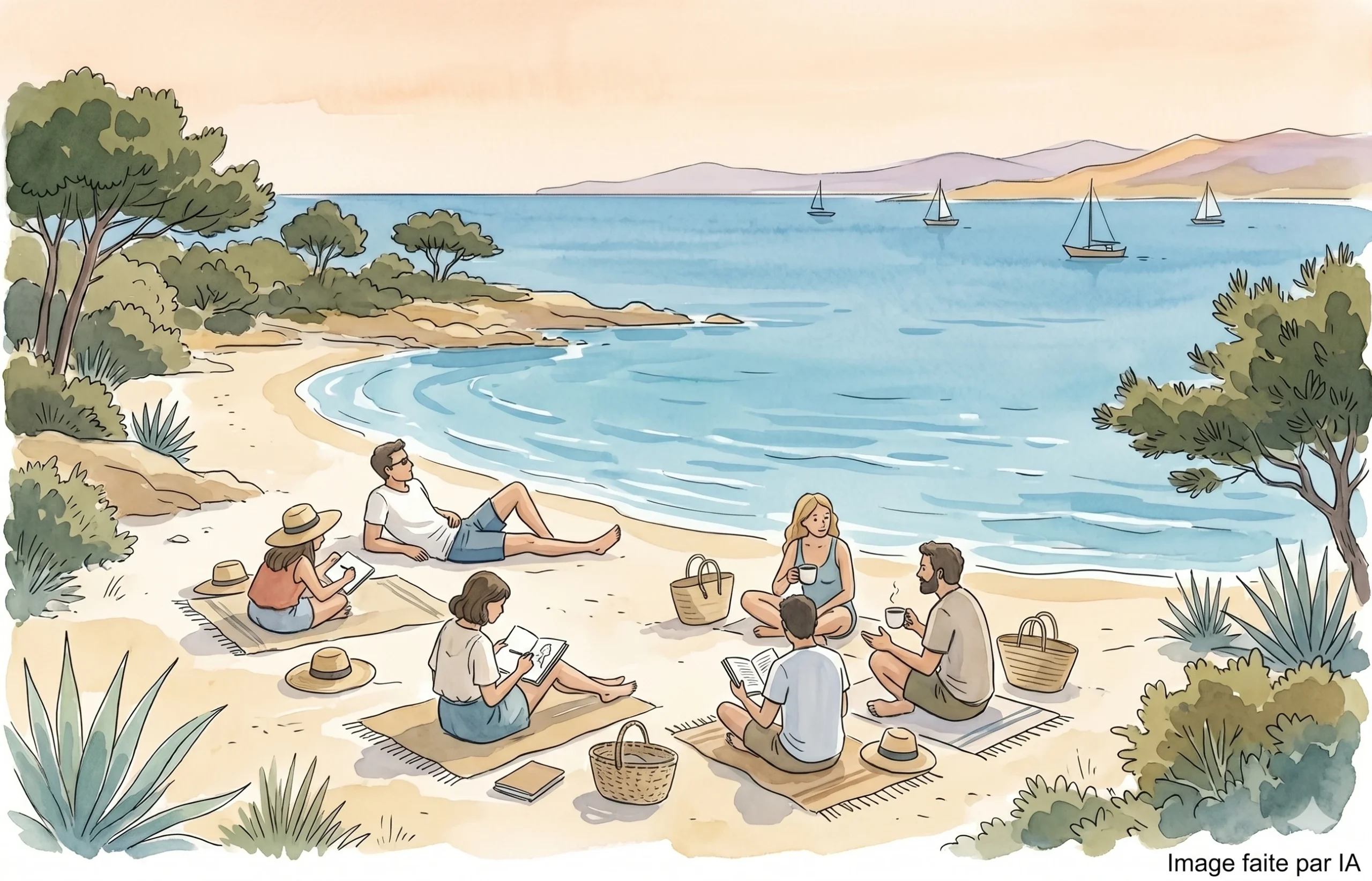 Groupe d'amis se relaxant sur une plage sauvage, idée de que visiter autour de Cannes.