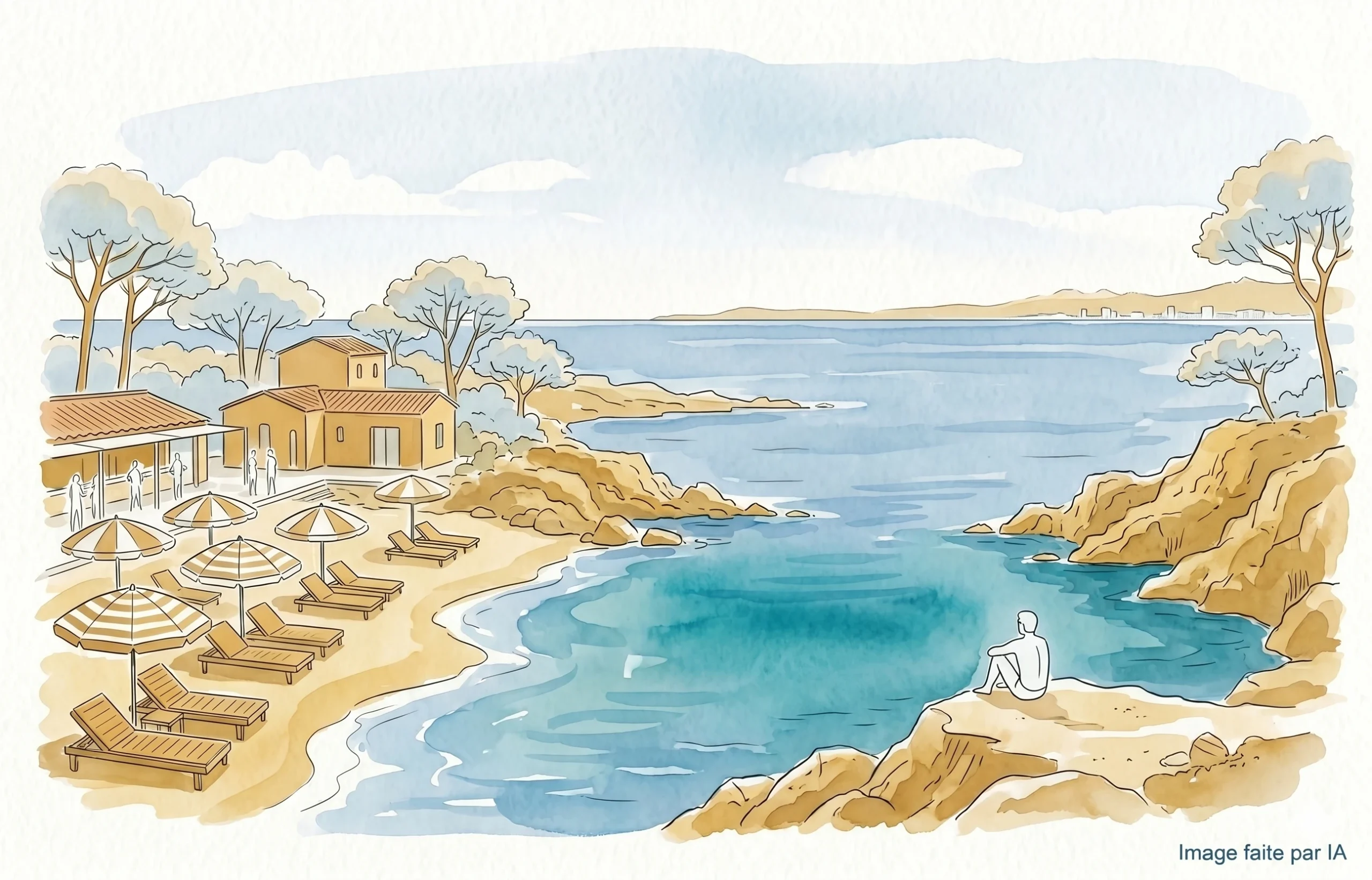 Aquarelle minimaliste d'une crique azur avec plage de sable, parasols dorés et vue contemplative sur mer.