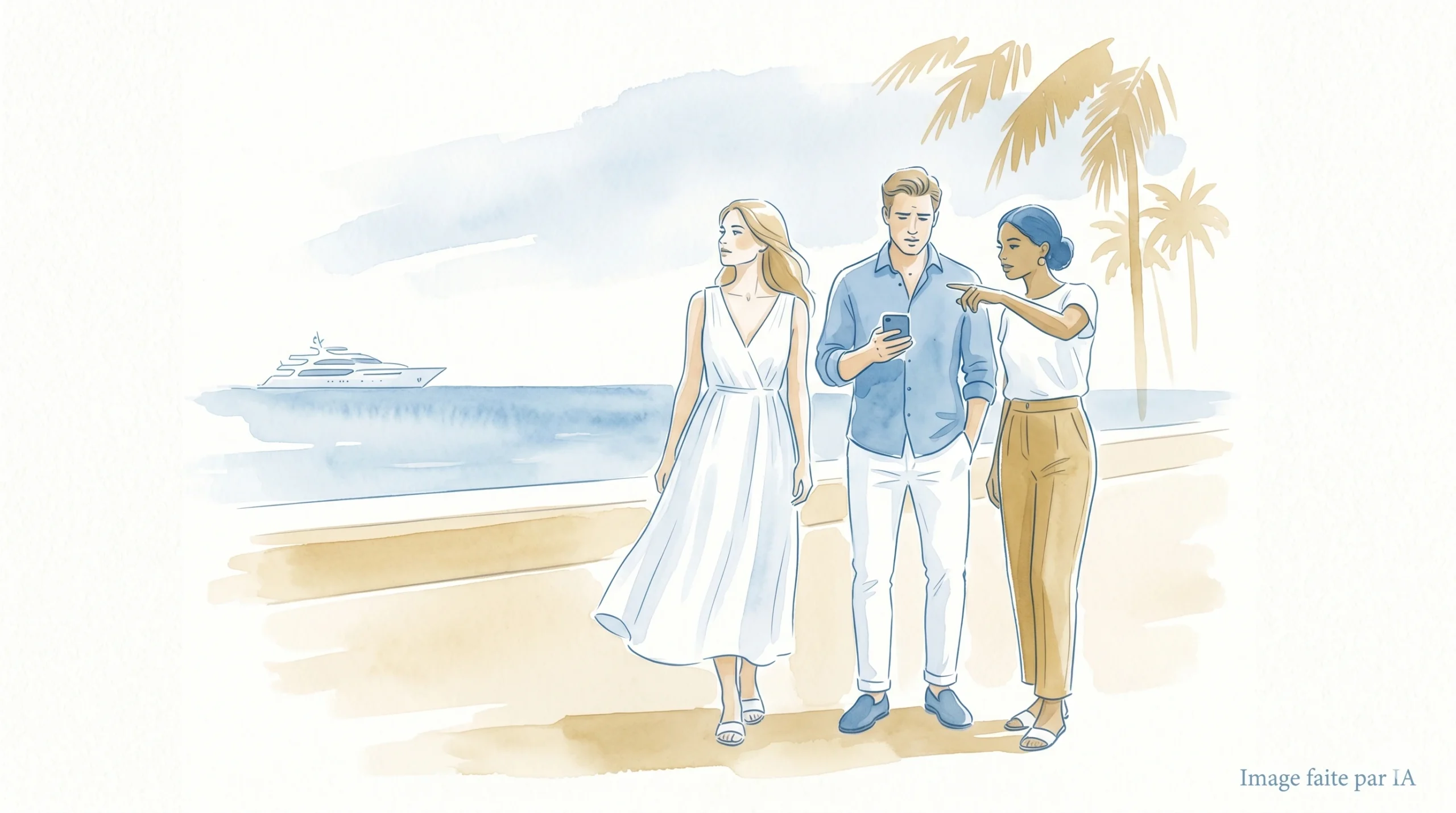 Trois voyageurs consultant un itinéraire sur smartphone sur la plage pendant un voyage à Cannes en 3 jours