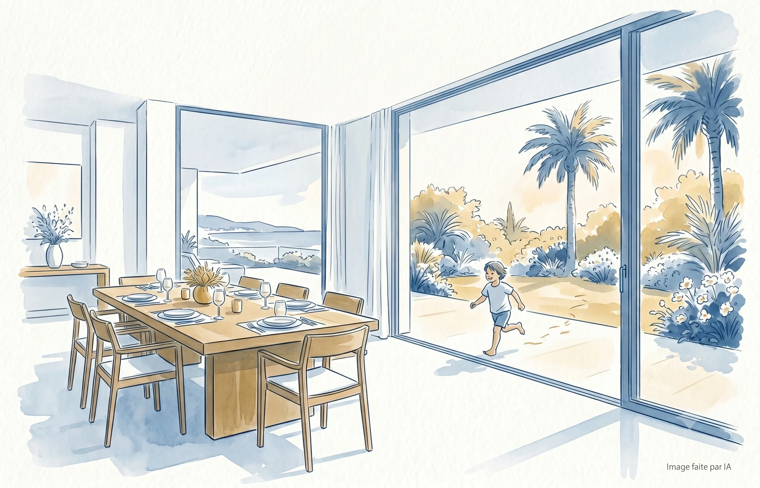 Villa avec salle à manger ouverte sur jardin et palmiers, location maison de vacances à Cannes
