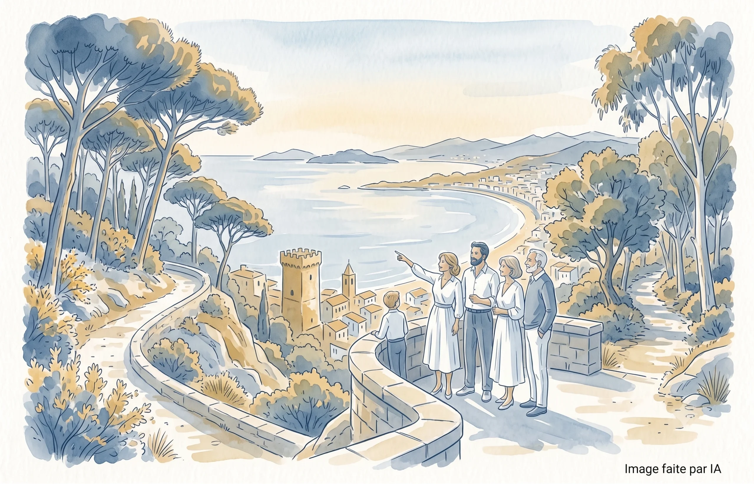 Vue panoramique et contemplative d'une famille lors d'une promenade à Cannes sur les hauteurs.