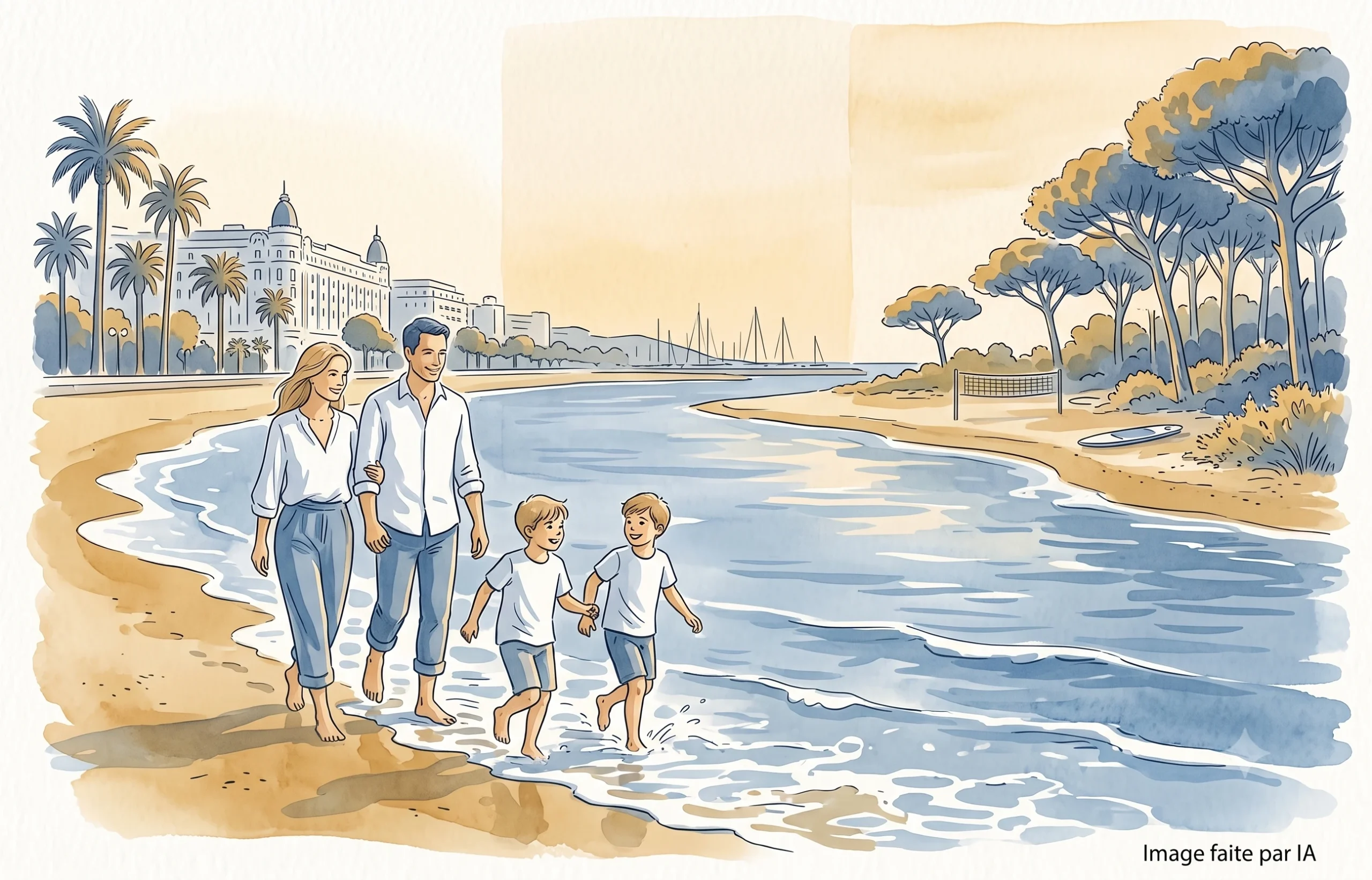 Une famille marche pieds nus dans l'eau lors d'une promenade à Cannes sur la Croisette.