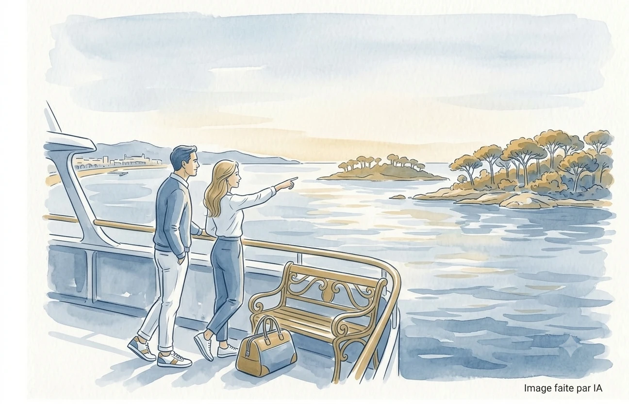 Un couple en baskets à bord du ferry en direction des îles de Lérins.
