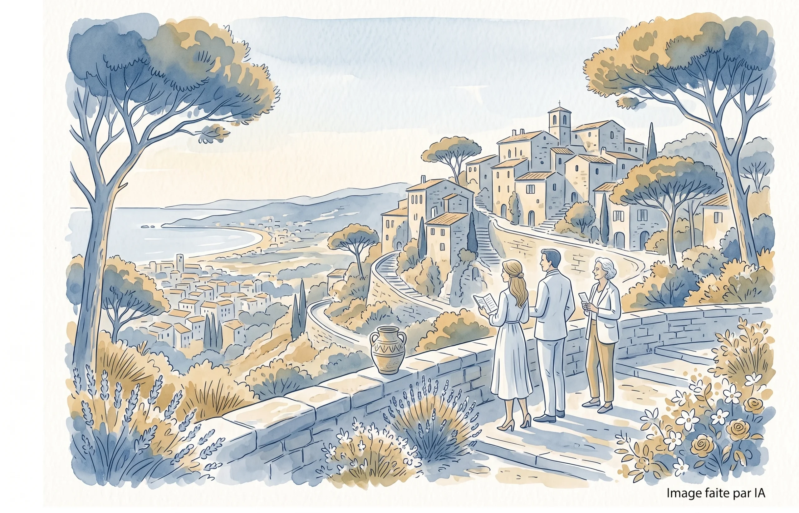 Un groupe admire un village provençal perché lors d'une promenade à Cannes (villages alentours).