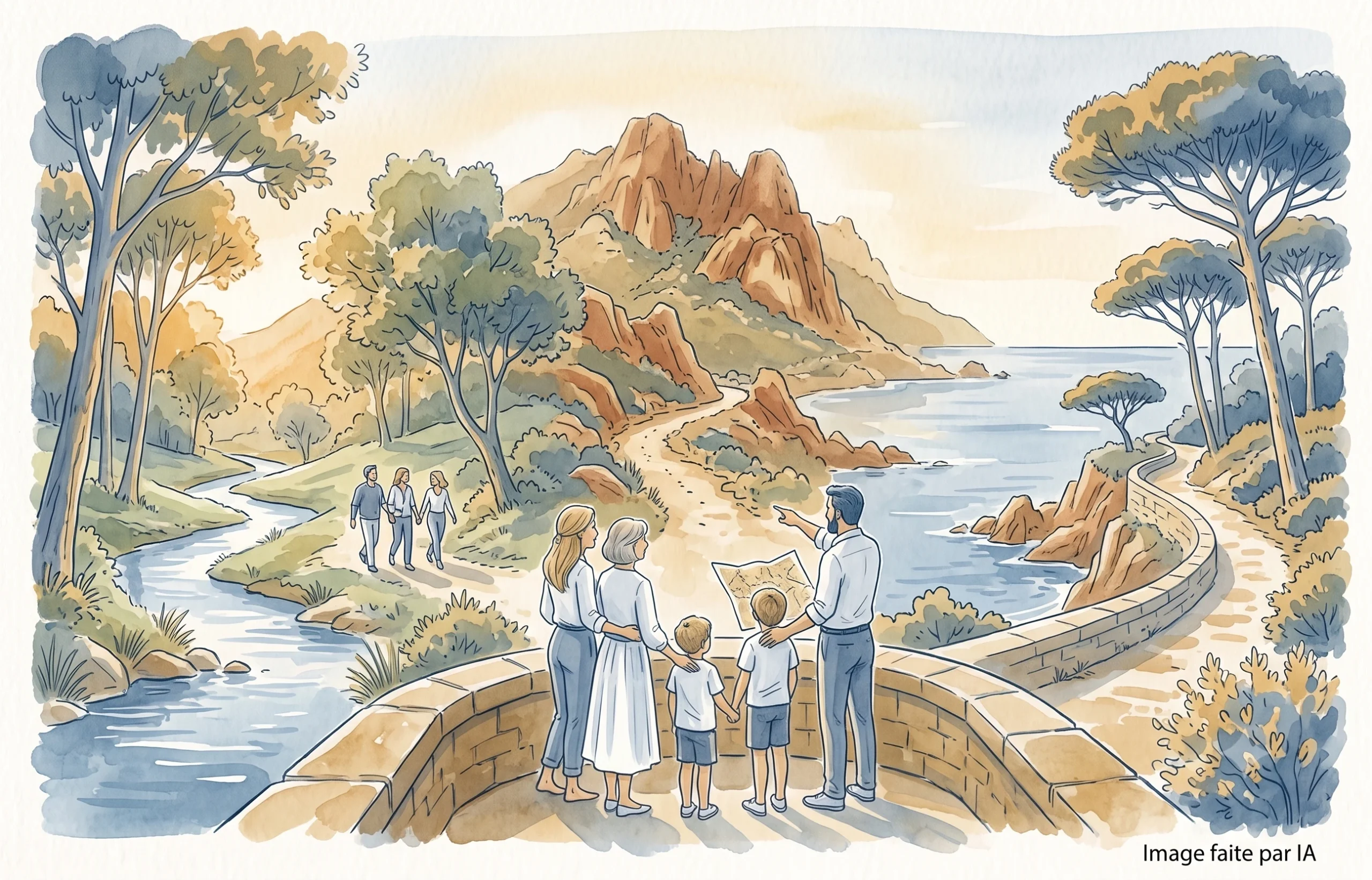 Une famille explore les roches rouges de l'Estérel et la côte varoise.