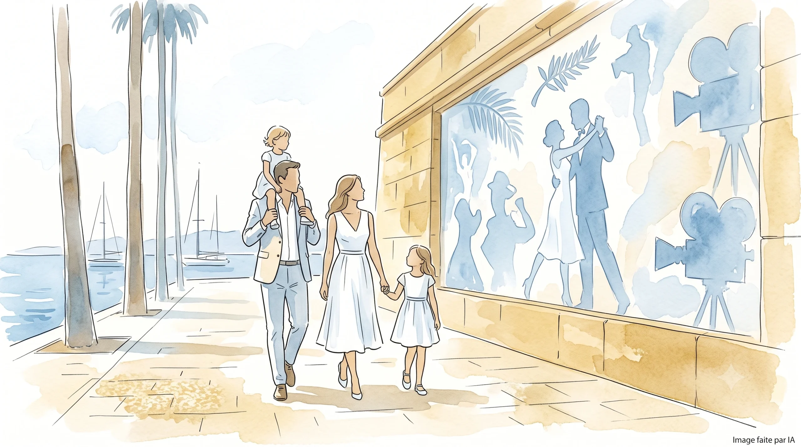 Famille flânant sur une promenade à Cannes avec fresque de cinéma, parfait pour visiter Cannes en 1 jour gratuitement.