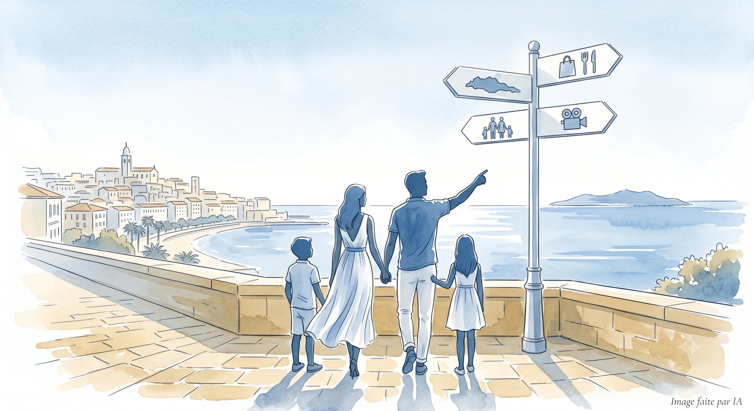 Famille de dos devant un panneau indicateur minimaliste à Cannes, faisant un choix