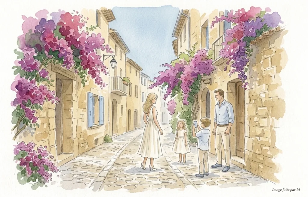 Famille posant sous les bougainvilliers de la rue Coste Corail, spot photo secret à Cannes