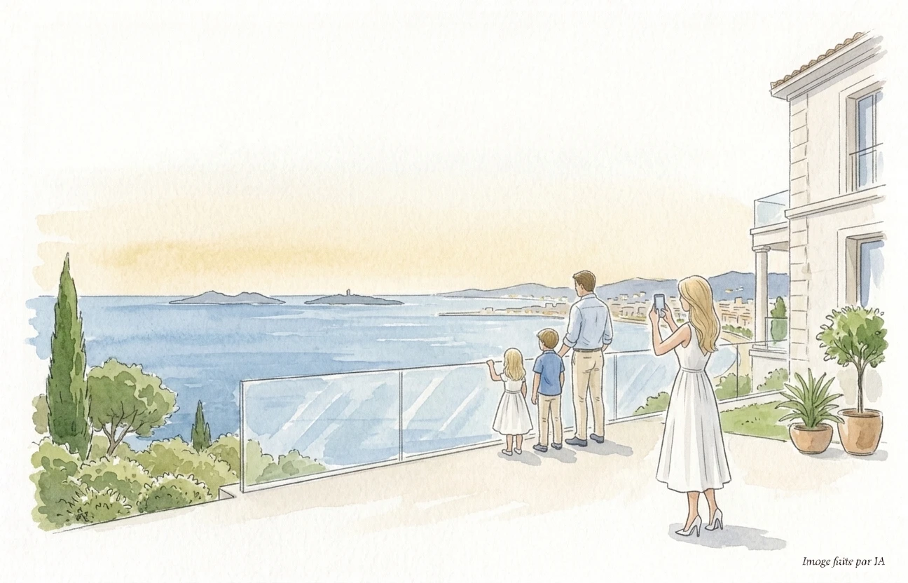 Vue plongeante sur la baie depuis une terrasse de la Californie, spot secret chic à Cannes