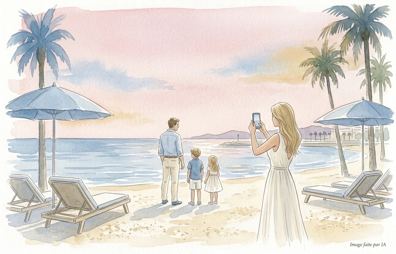 Famille sur le sable fin face à la mer au crépuscule, spot Instagram estival à Cannes