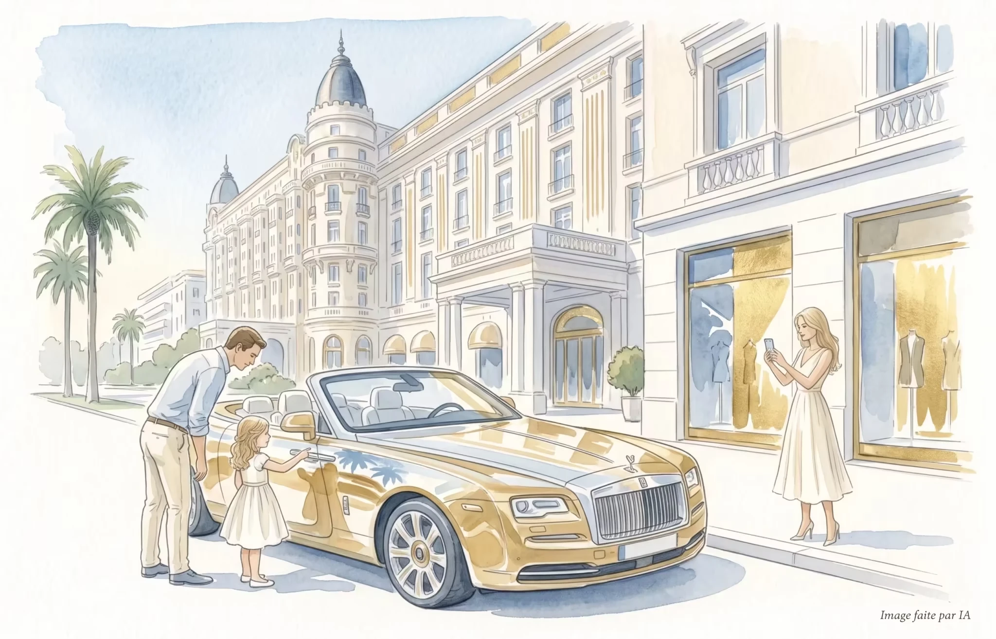 Reflets dorés et voiture de prestige devant un hotel, spot Instagram luxe à Cannes
