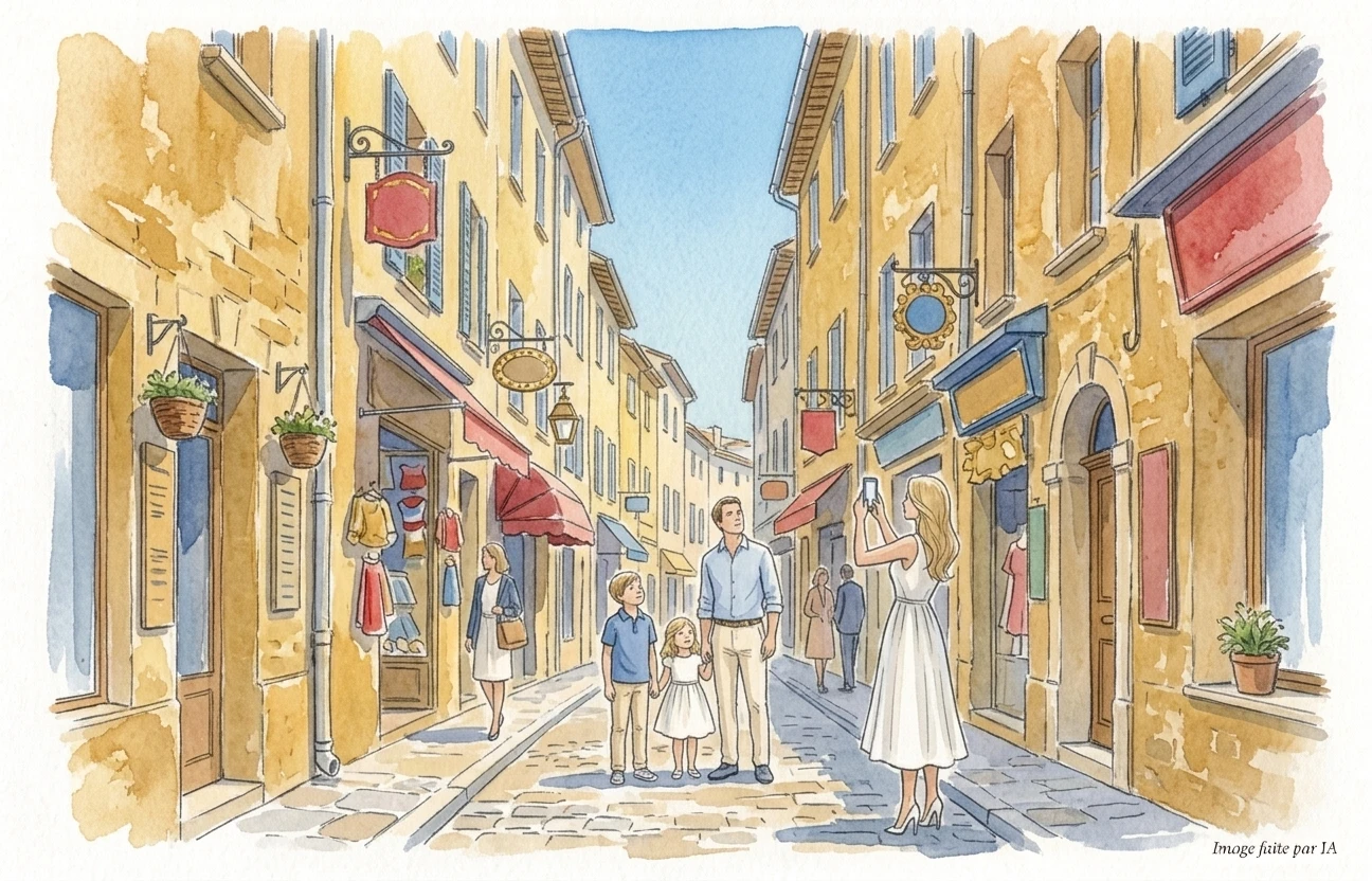 Façades ocre et commerces animés rue Meynadier, spot Instagram vibrant de Cannes