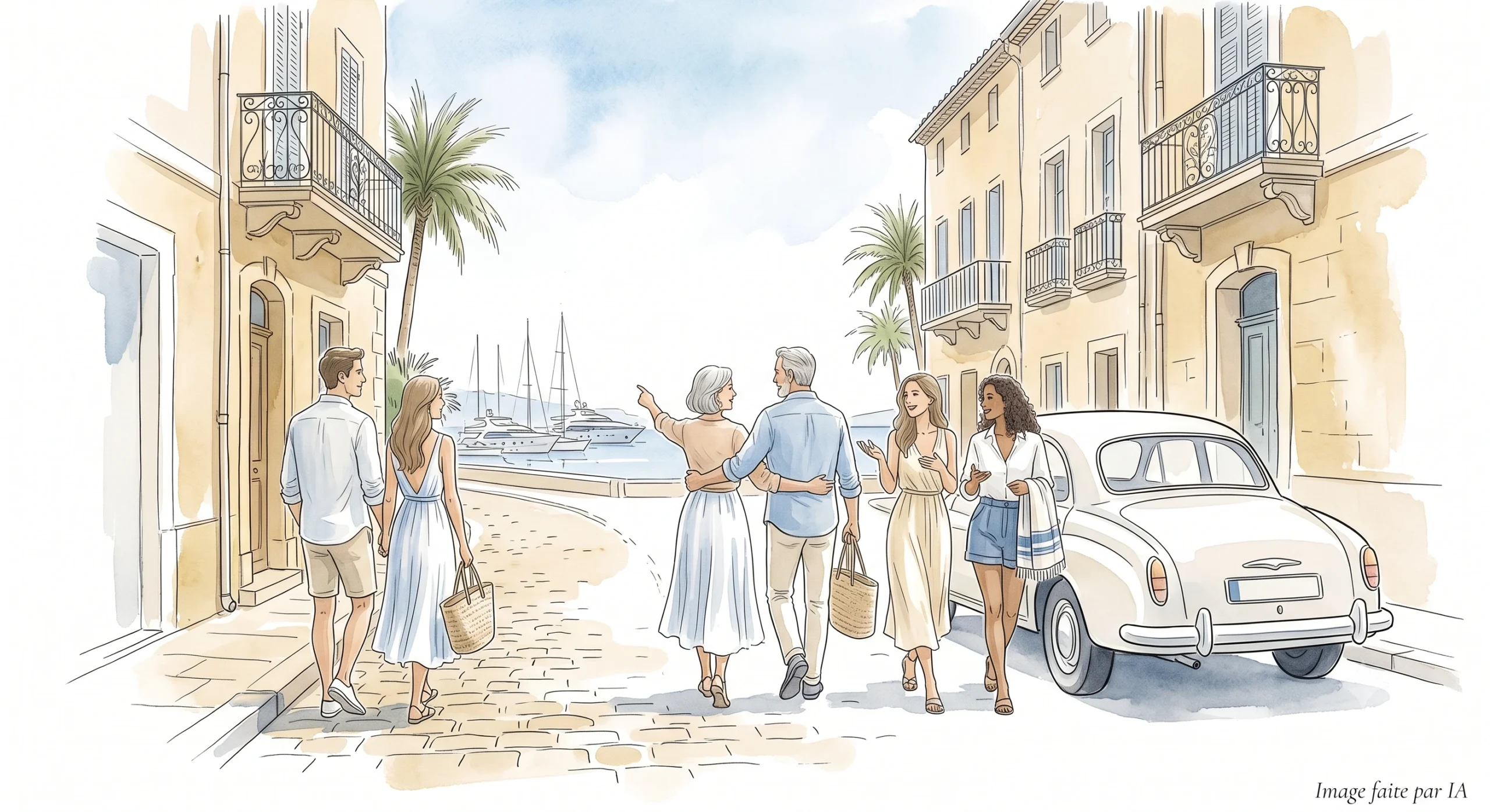 Couple élégant marchant dans une ruelle pavée du Suquet à Cannes, parfait pour visiter Cannes en 1 jour.