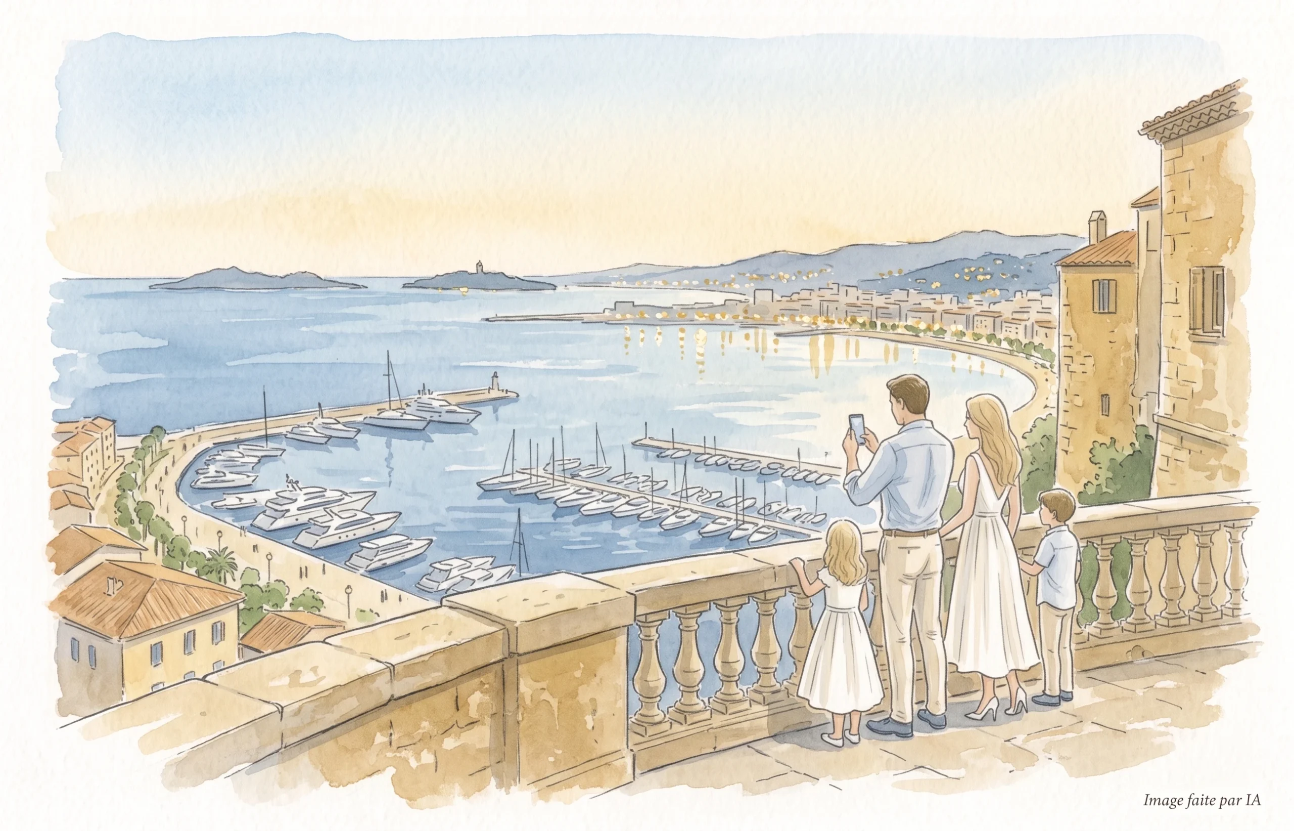 Panorama sur la baie au crépuscule depuis la place de la Castre, meilleur spot photo de Cannes