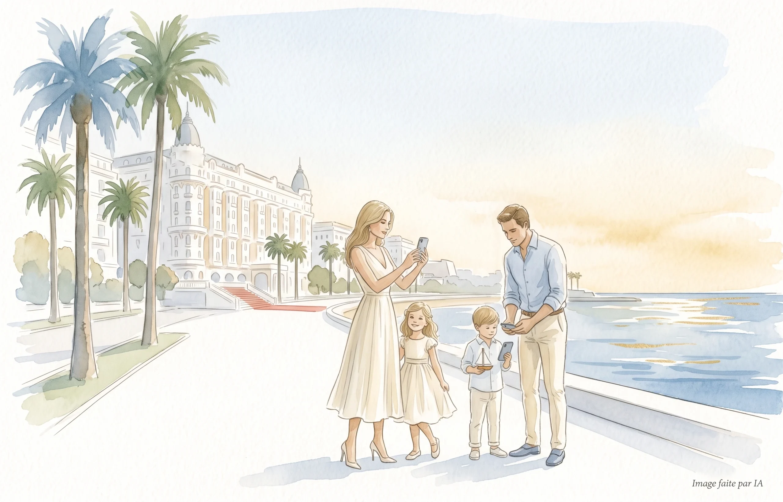 Famille en séance photo matinale sur la Croisette, un des meilleurs spots Instagram de Cannes