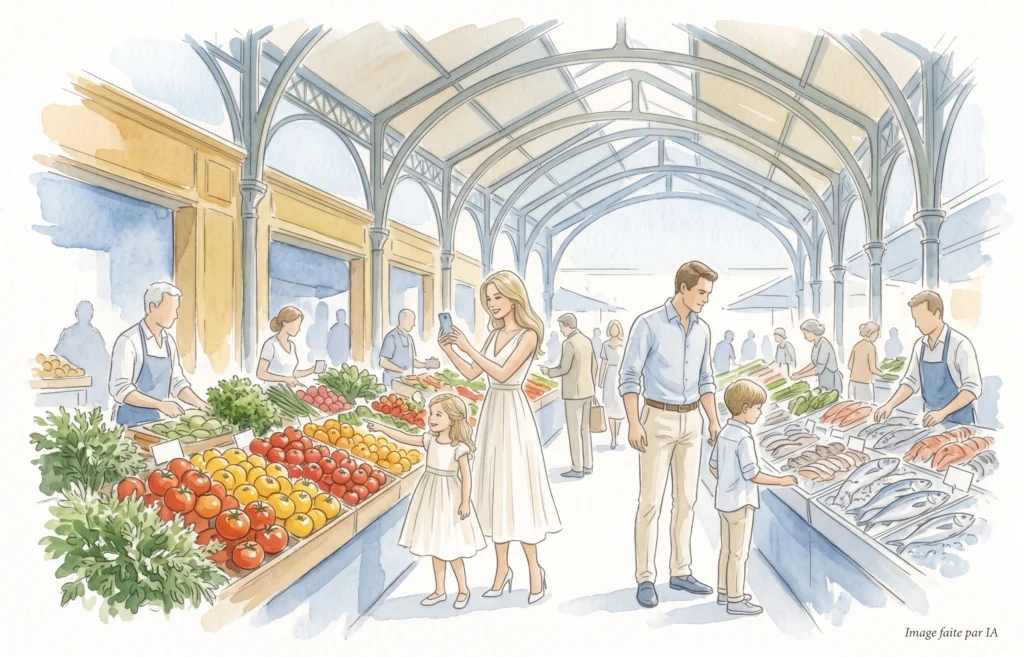 Scène de vie matinale au marché Forville, spot Instagram incontournable du Cannes local