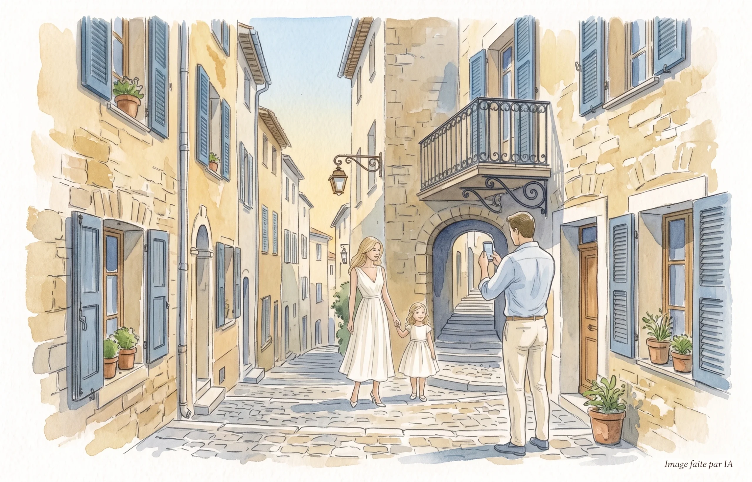 Ruelle provençale pavée du Suquet avec volets bleus, spot Instagram authentique à Cannes
