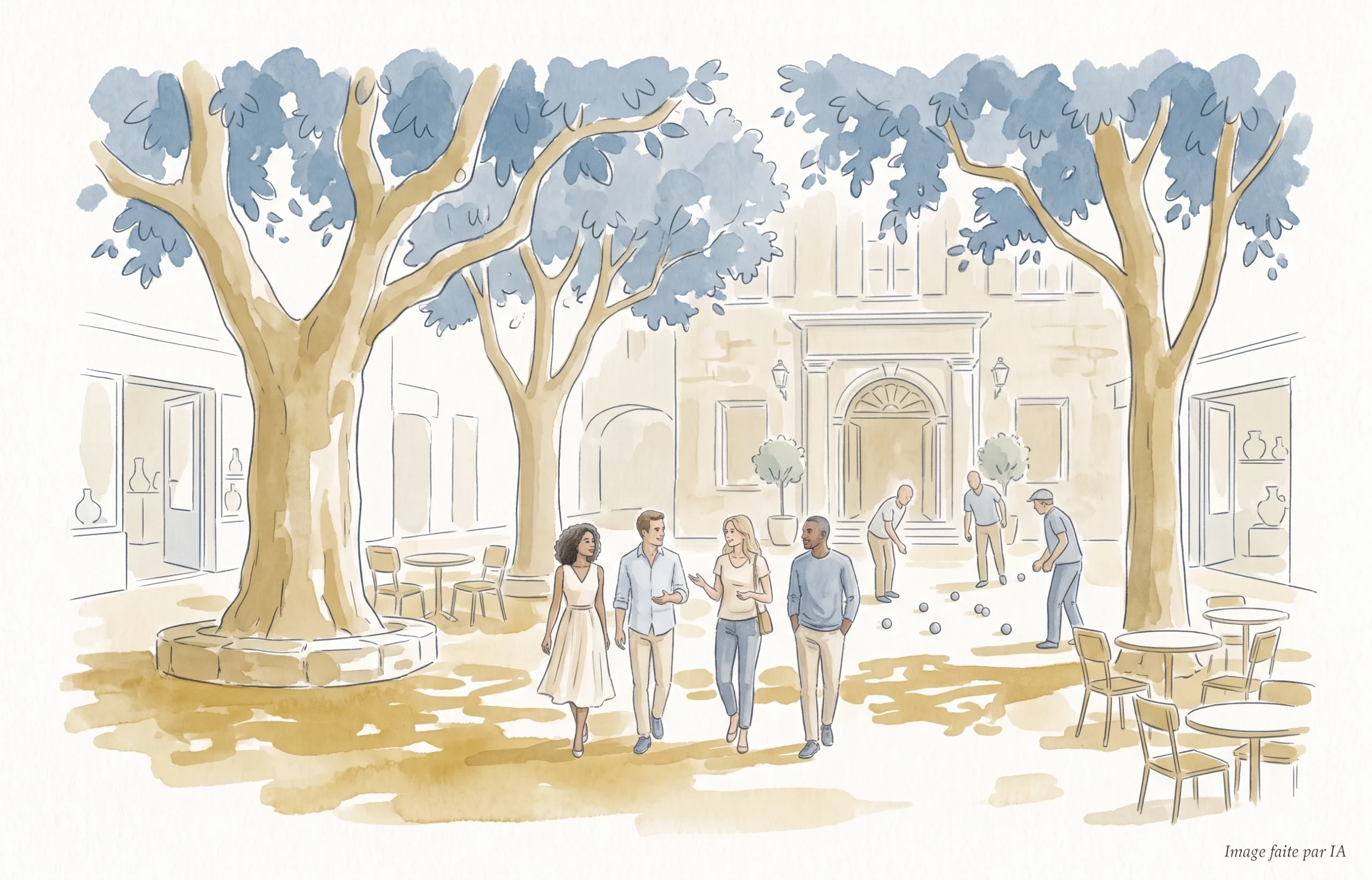 Ambiance provençale sur la place du village avec joueurs de pétanque lors d'une escapade à Saint-Paul-de-Vence