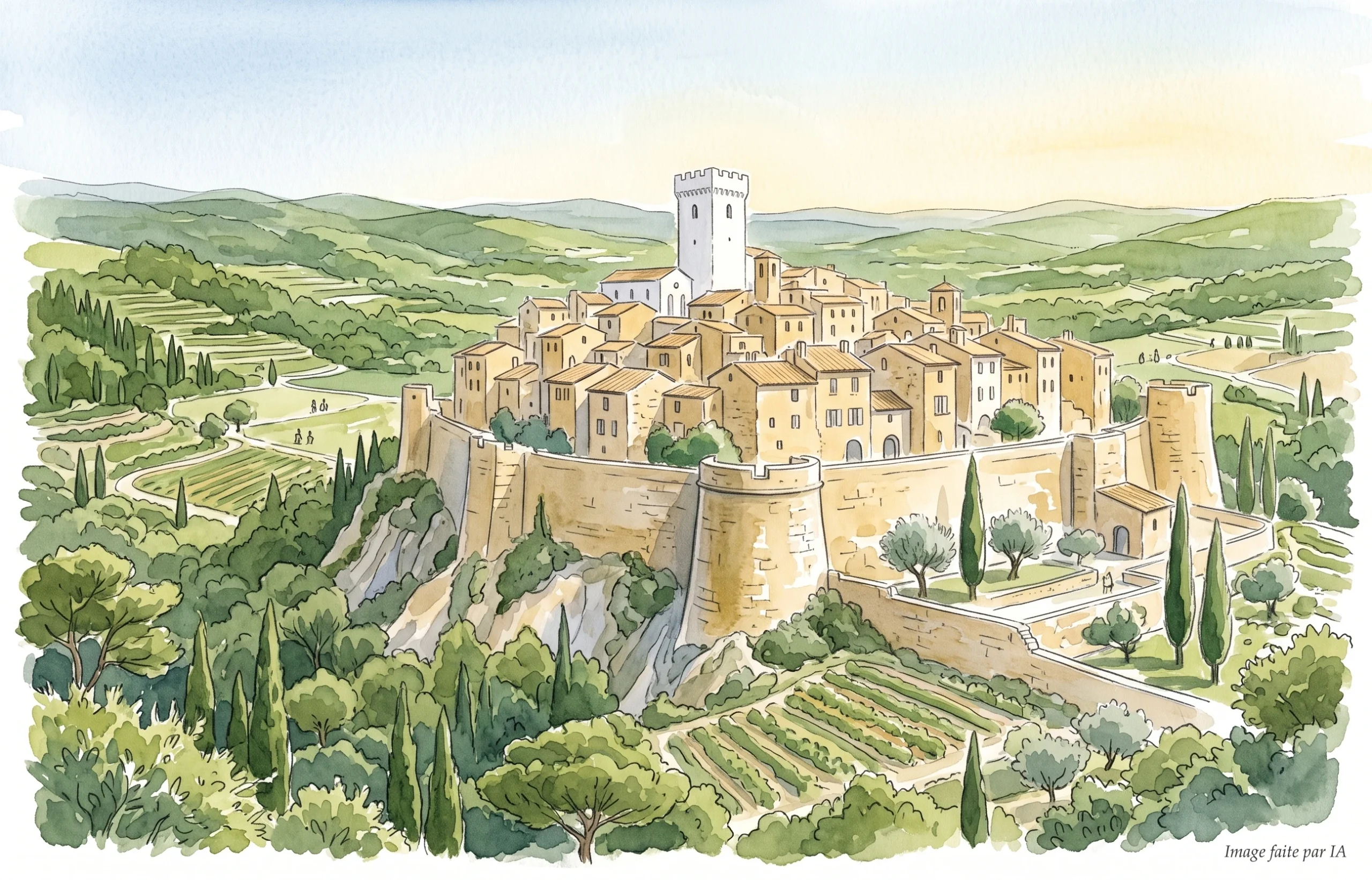 Village perché au milieu de la végétation, remparts et tour carrée blanche sous le H2 Pourquoi ce village est-il si connu ?