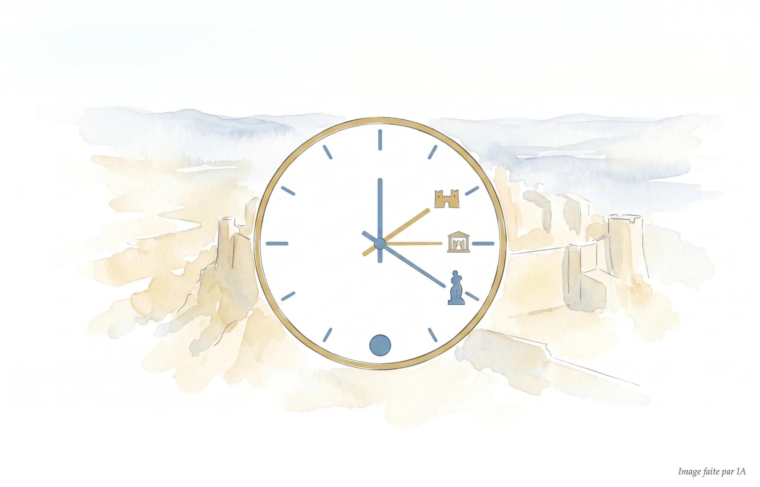 Horloge minimaliste illustrant le temps à prévoir pour découvrir le village.