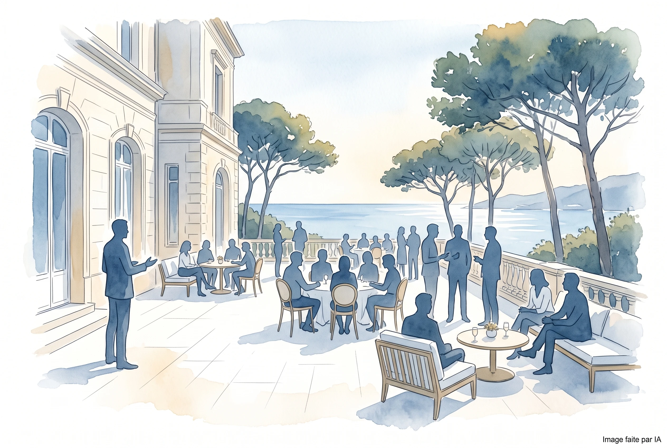 Un groupe de professionnels réunis confortablement sur la grande terrasse d'une villa face à la mer pour un événement d'entreprise.