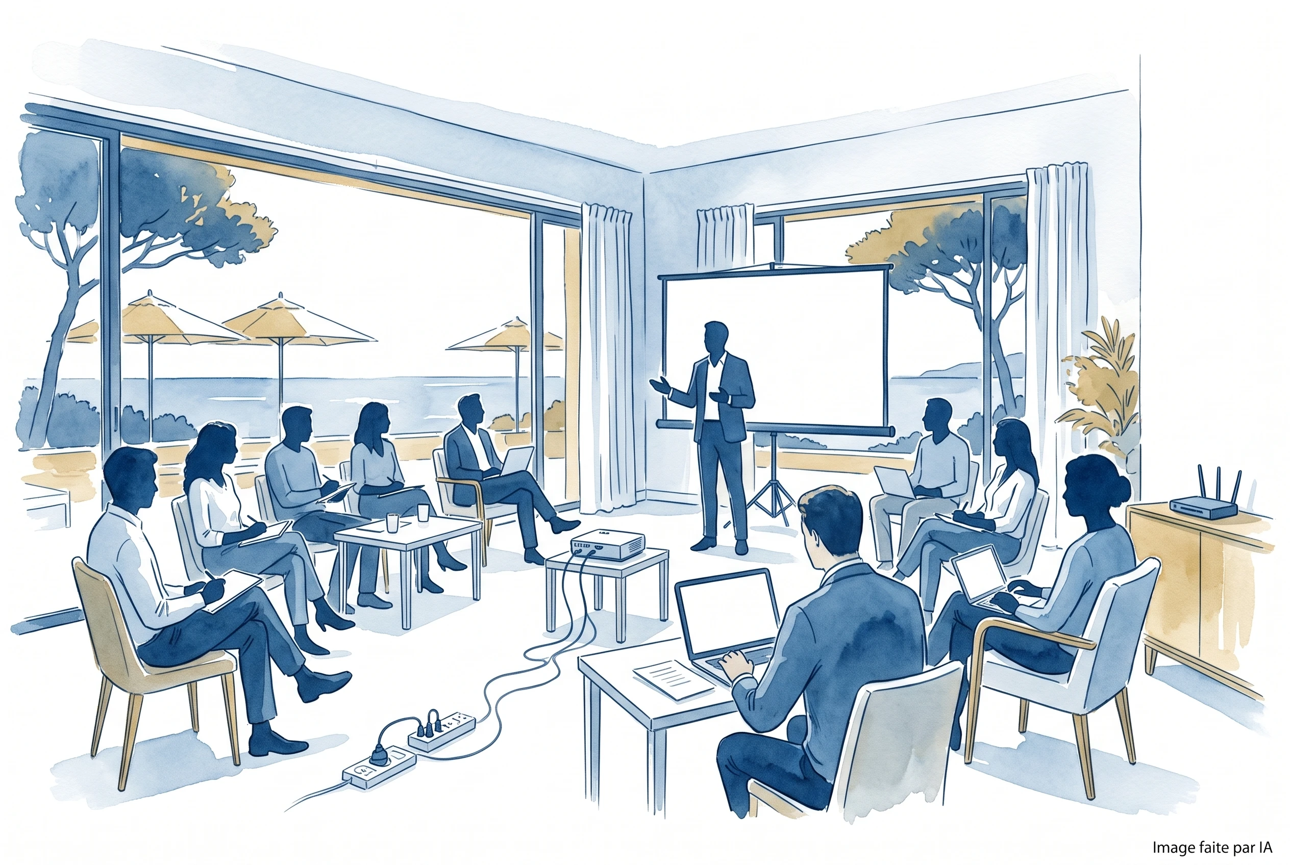 Des participants attentifs à une présentation avec vidéoprojecteur dans une salle de séminaire ouverte sur la mer.